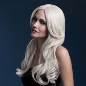 Synthetic-hair polypropylene fever wig khloe long wavy center-part bangs adjustable wig-cap heat-resistant styled styleable professional realistic costumes cosplay accessories halloween head-gear blonde