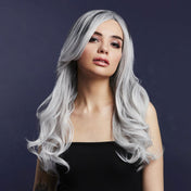 Synthetic-hair polypropylene fever wig khloe long wavy center-part bangs adjustable wig-cap heat-resistant styled styleable professional realistic costumes cosplay accessories halloween head-gear ice-silver