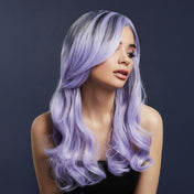 Synthetic-hair polypropylene fever wig khloe long wavy center-part bangs adjustable wig-cap heat-resistant styled styleable professional realistic costumes cosplay accessories halloween head-gear lilac