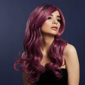 Synthetic-hair polypropylene fever wig khloe long wavy center-part bangs adjustable wig-cap heat-resistant styled styleable professional realistic costumes cosplay accessories halloween head-gear mauve