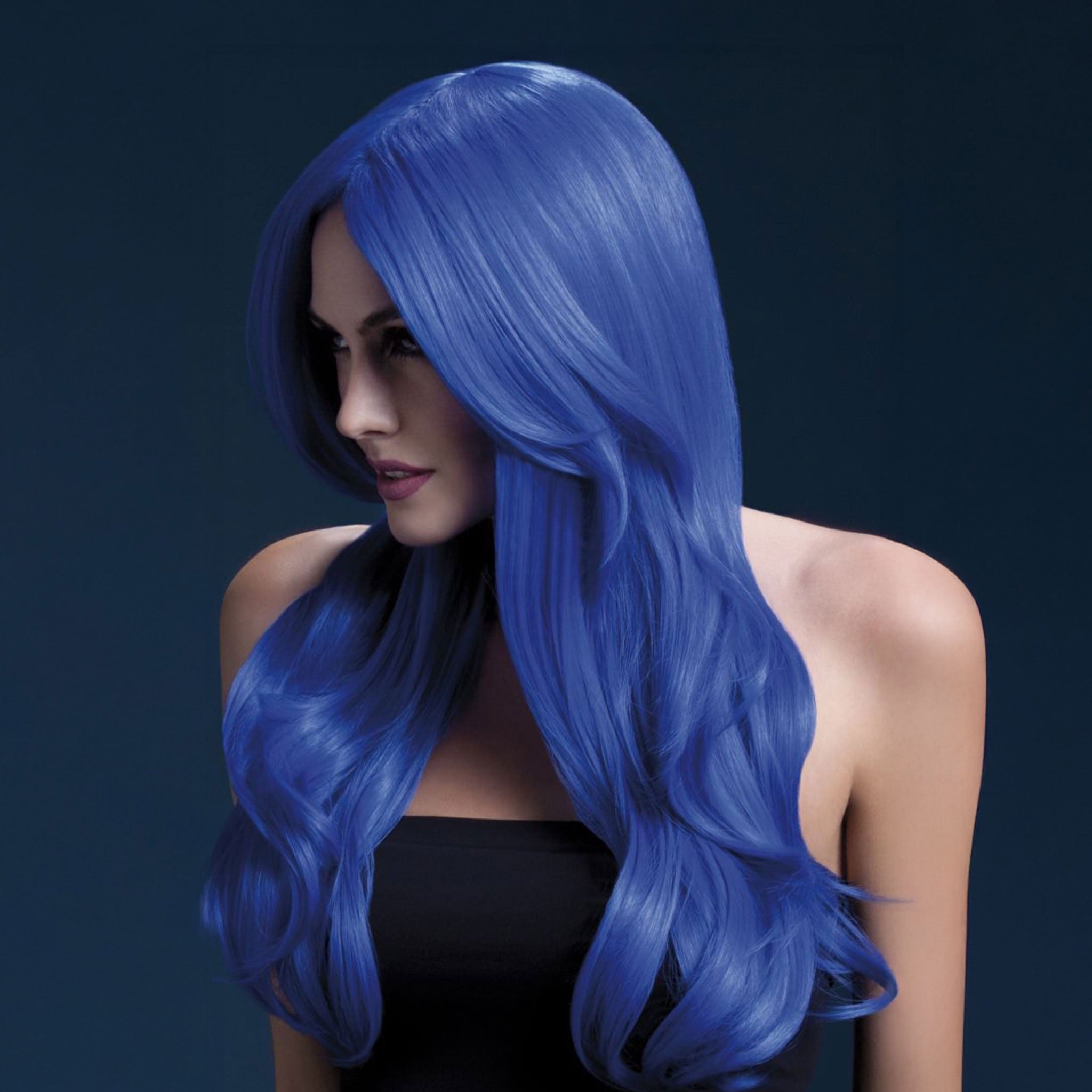 Synthetic-hair polypropylene fever wig khloe long wavy center-part bangs adjustable wig-cap heat-resistant styled styleable professional realistic costumes cosplay accessories halloween head-gear neon-blue