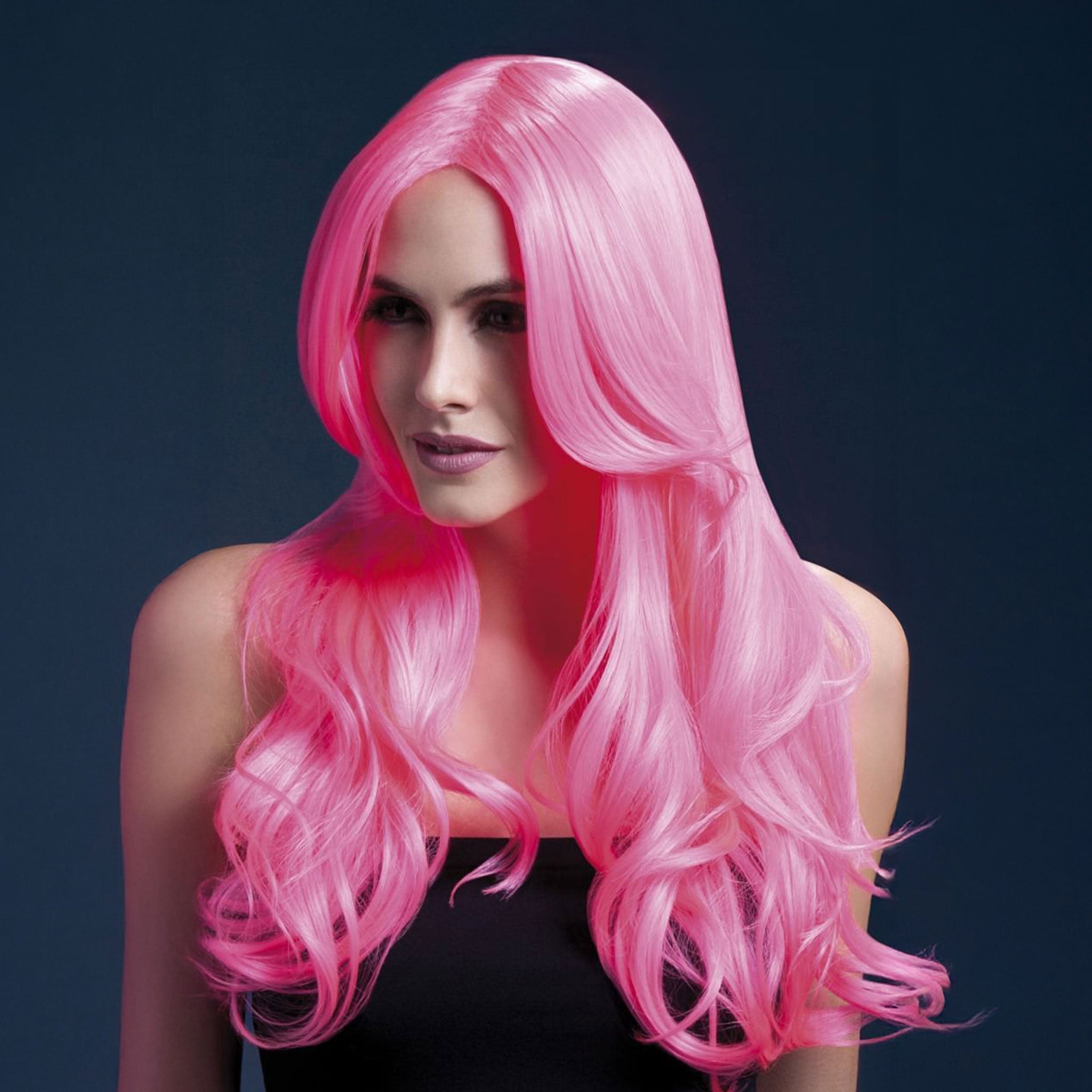 Synthetic-hair polypropylene fever wig khloe long wavy center-part bangs adjustable wig-cap heat-resistant styled styleable professional realistic costumes cosplay accessories halloween head-gear neon-pink