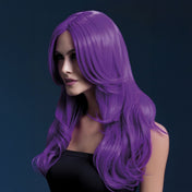 Synthetic-hair polypropylene fever wig khloe long wavy center-part bangs adjustable wig-cap heat-resistant styled styleable professional realistic costumes cosplay accessories halloween head-gear neon-purple