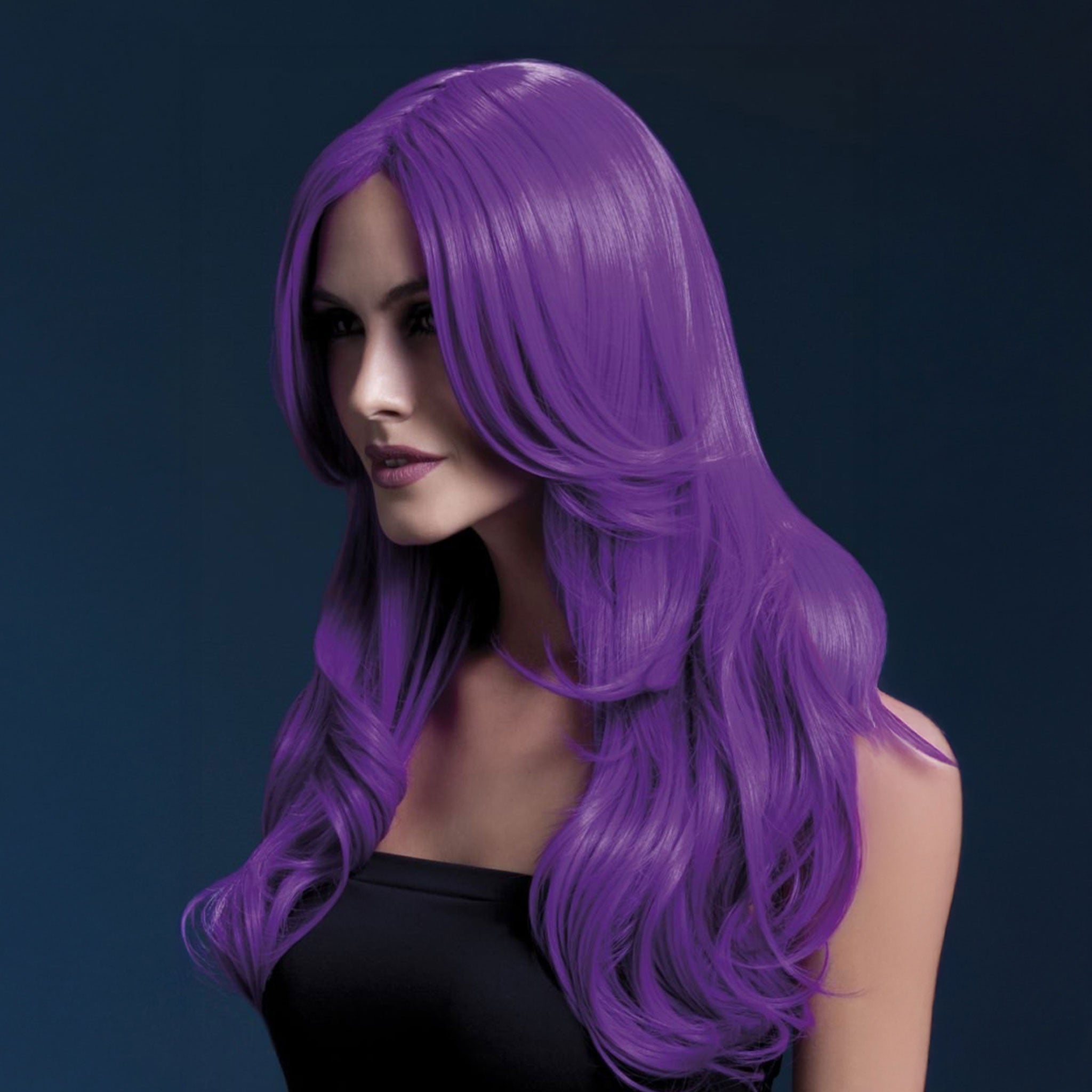 Synthetic-hair polypropylene fever wig khloe long wavy center-part bangs adjustable wig-cap heat-resistant styled styleable professional realistic costumes cosplay accessories halloween head-gear neon-purple