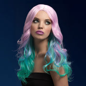 Synthetic-hair polypropylene fever wig khloe long wavy center-part bangs adjustable wig-cap heat-resistant styled styleable professional realistic costumes cosplay accessories halloween head-gear rainbow pastel-ombre