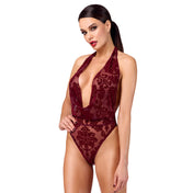 Mesh tulle sheer transparent flocked flocking apparel intimates lingerie one-piece onepiece onesie bodysuit body-suit cowl cowl-neckline halterneck halter-neck open-back sleeveless thong-cut second-skin sleek elastic layerable head-turning bold elegant seductive subtle sophisticated daring sensual soft comfortable contouring flattering stretchy adapting adaptive striking fetish fashion alt-fashion female femme feminine womens gifts holiday-gifts valentines burgundy 