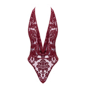 Mesh tulle sheer transparent flocked flocking apparel intimates lingerie one-piece onepiece onesie bodysuit body-suit cowl cowl-neckline halterneck halter-neck open-back sleeveless thong-cut second-skin sleek elastic layerable head-turning bold elegant seductive subtle sophisticated daring sensual soft comfortable contouring flattering stretchy adapting adaptive striking fetish fashion alt-fashion female femme feminine womens gifts holiday-gifts valentines burgundy 