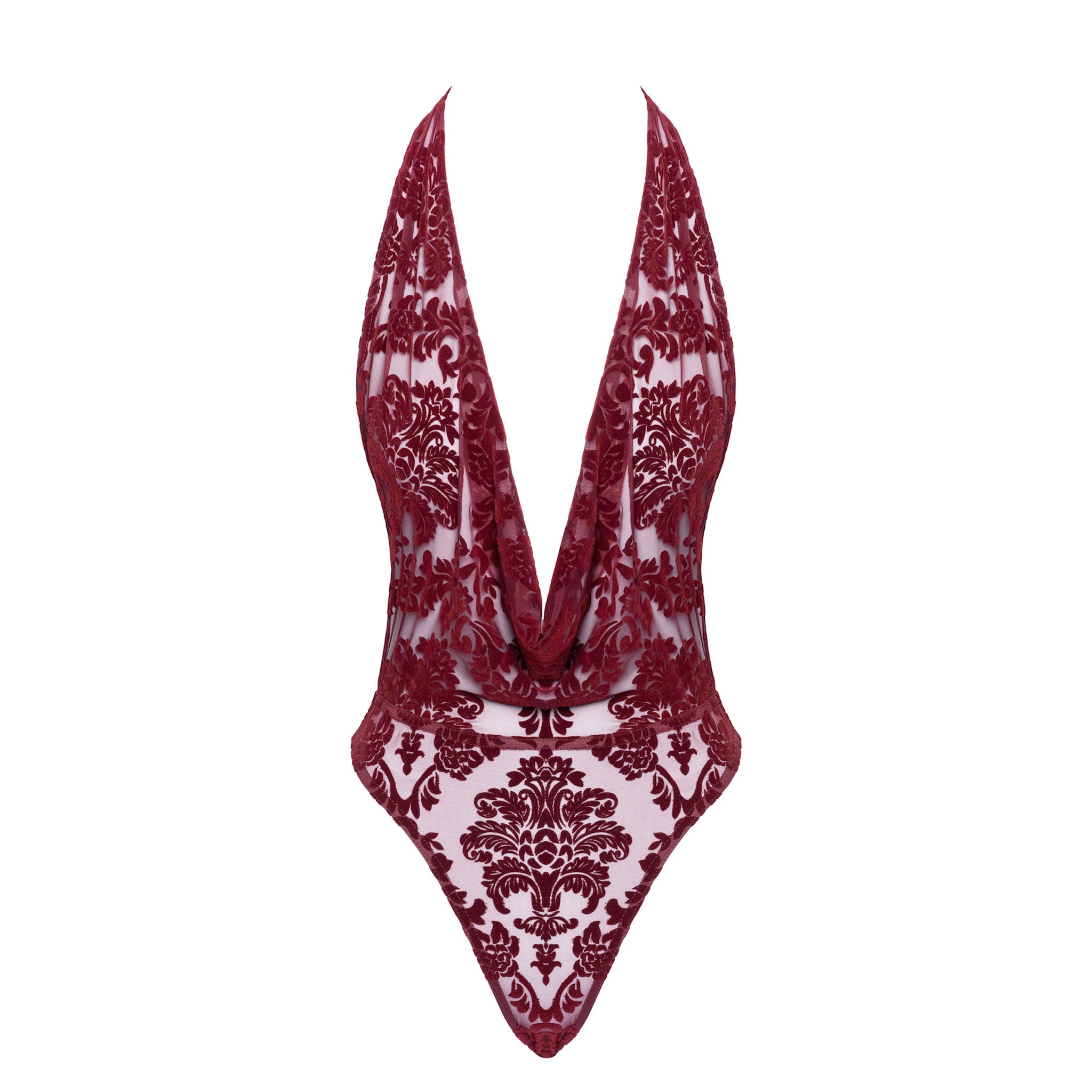 Mesh tulle sheer transparent flocked flocking apparel intimates lingerie one-piece onepiece onesie bodysuit body-suit cowl cowl-neckline halterneck halter-neck open-back sleeveless thong-cut second-skin sleek elastic layerable head-turning bold elegant seductive subtle sophisticated daring sensual soft comfortable contouring flattering stretchy adapting adaptive striking fetish fashion alt-fashion female femme feminine womens gifts holiday-gifts valentines burgundy 