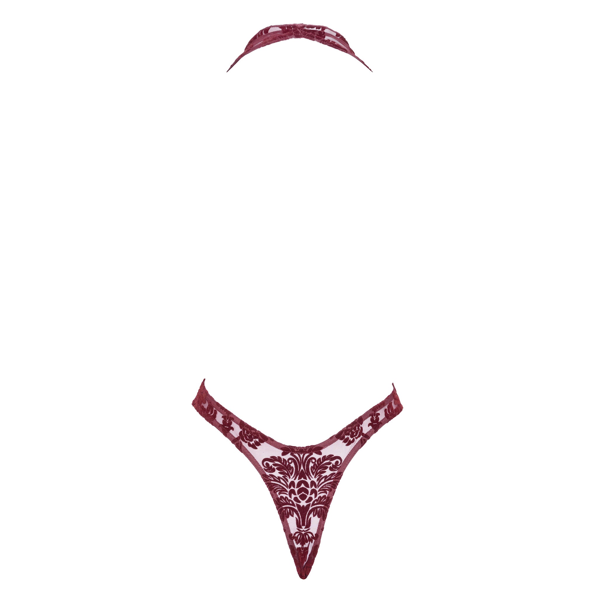 Mesh tulle sheer transparent flocked flocking apparel intimates lingerie one-piece onepiece onesie bodysuit body-suit cowl cowl-neckline halterneck halter-neck open-back sleeveless thong-cut second-skin sleek elastic layerable head-turning bold elegant seductive subtle sophisticated daring sensual soft comfortable contouring flattering stretchy adapting adaptive striking fetish fashion alt-fashion female femme feminine womens gifts holiday-gifts valentines burgundy 