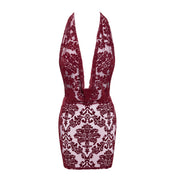 Mesh tulle sheer transparent flocked flocking polyester elastane apparel dress mini-dress sleeveless halterneck halter-neck cowl cowl-neckline décolletage cleavage flocked flocking open-back elastic seductive velvety sophisticated sensual flattering figure-enhancing soft playful bold elegant fetish fashion alt-fashion party club clubwear female femme feminine womens holiday-gifts valentines gift burgundy