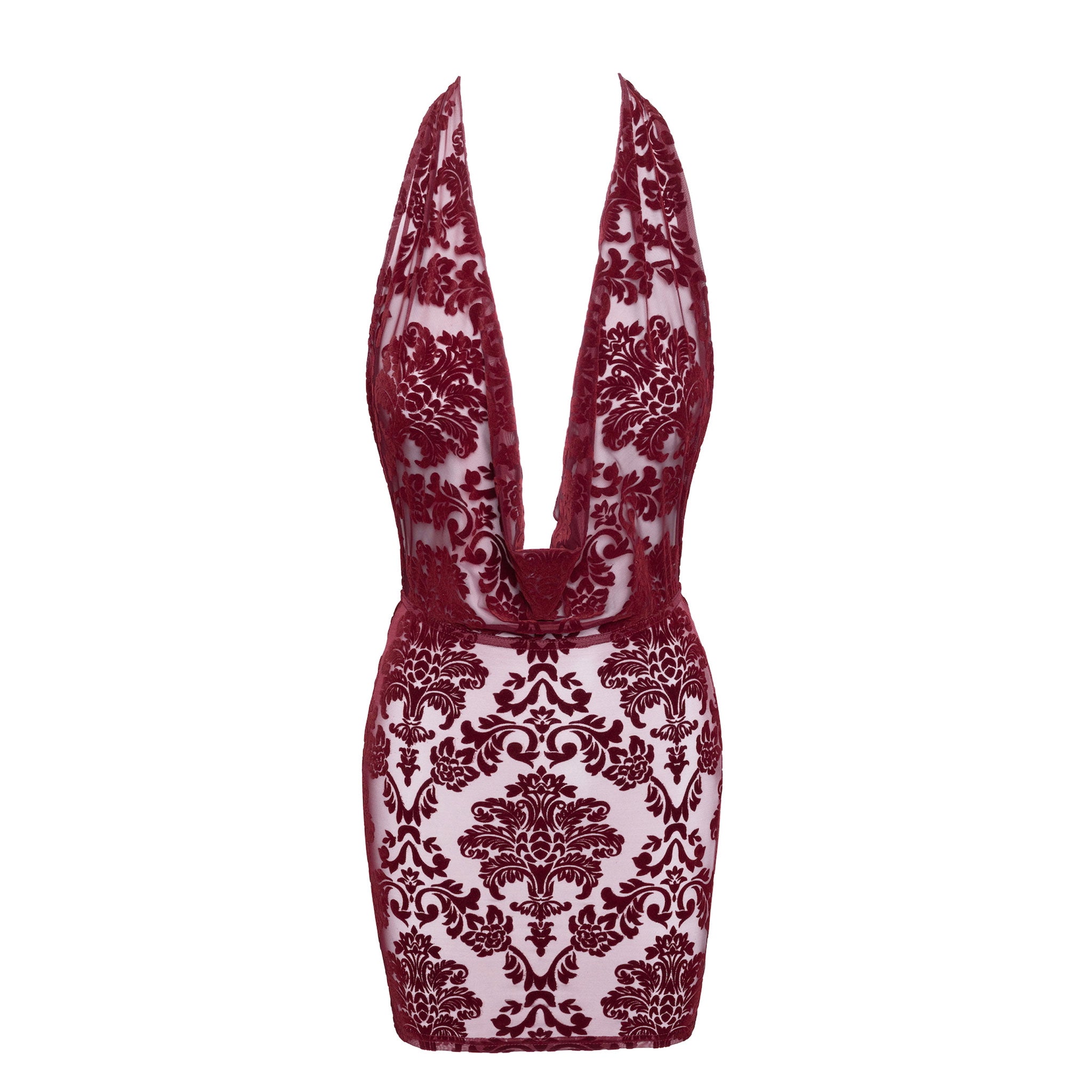 Mesh tulle sheer transparent flocked flocking polyester elastane apparel dress mini-dress sleeveless halterneck halter-neck cowl cowl-neckline décolletage cleavage flocked flocking open-back elastic seductive velvety sophisticated sensual flattering figure-enhancing soft playful bold elegant fetish fashion alt-fashion party club clubwear female femme feminine womens holiday-gifts valentines gift burgundy