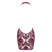 Mesh tulle sheer transparent flocked flocking polyester elastane apparel dress mini-dress sleeveless halterneck halter-neck cowl cowl-neckline décolletage cleavage flocked flocking open-back elastic seductive velvety sophisticated sensual flattering figure-enhancing soft playful bold elegant fetish fashion alt-fashion party club clubwear female femme feminine womens holiday-gifts valentines gift burgundy