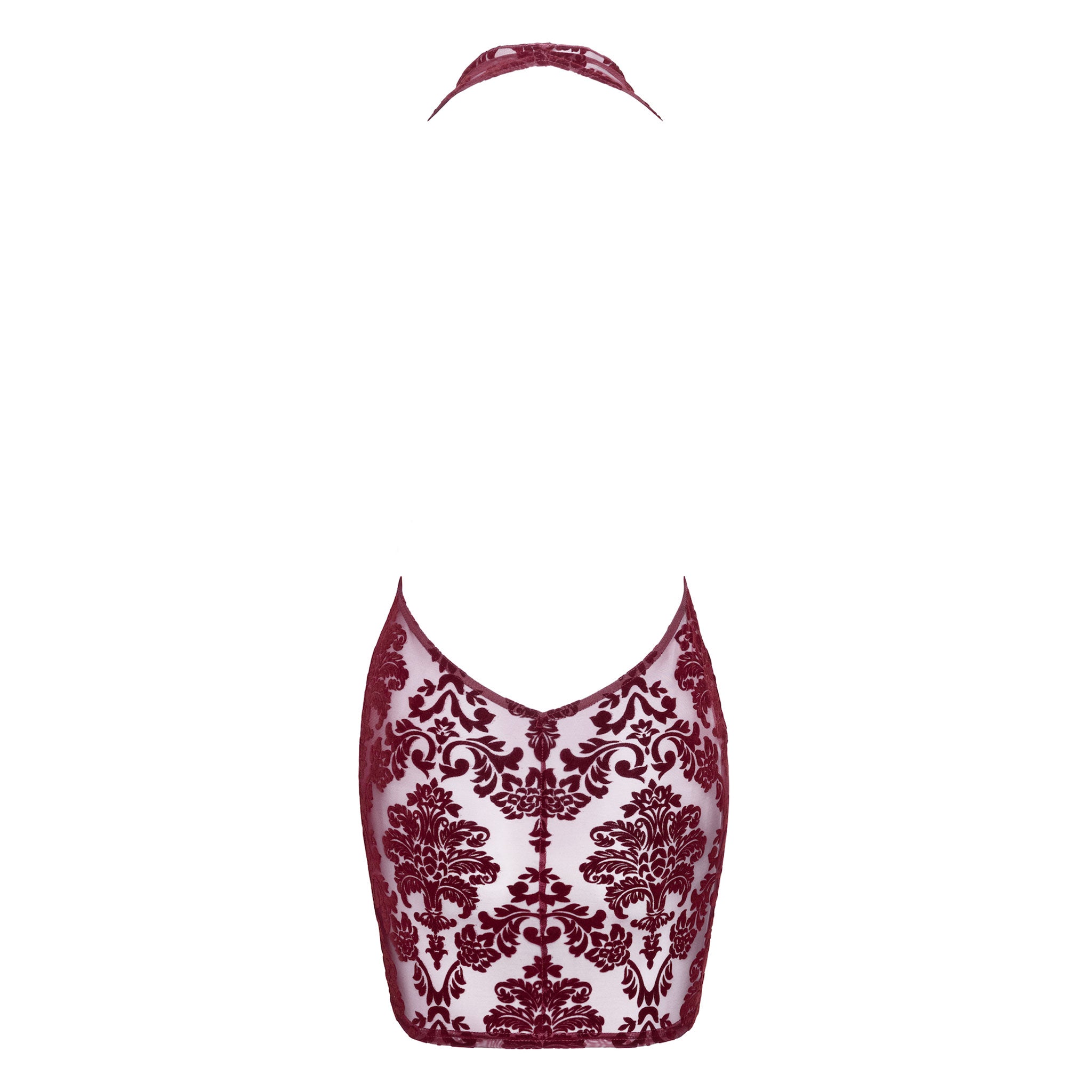 Mesh tulle sheer transparent flocked flocking polyester elastane apparel dress mini-dress sleeveless halterneck halter-neck cowl cowl-neckline décolletage cleavage flocked flocking open-back elastic seductive velvety sophisticated sensual flattering figure-enhancing soft playful bold elegant fetish fashion alt-fashion party club clubwear female femme feminine womens holiday-gifts valentines gift burgundy