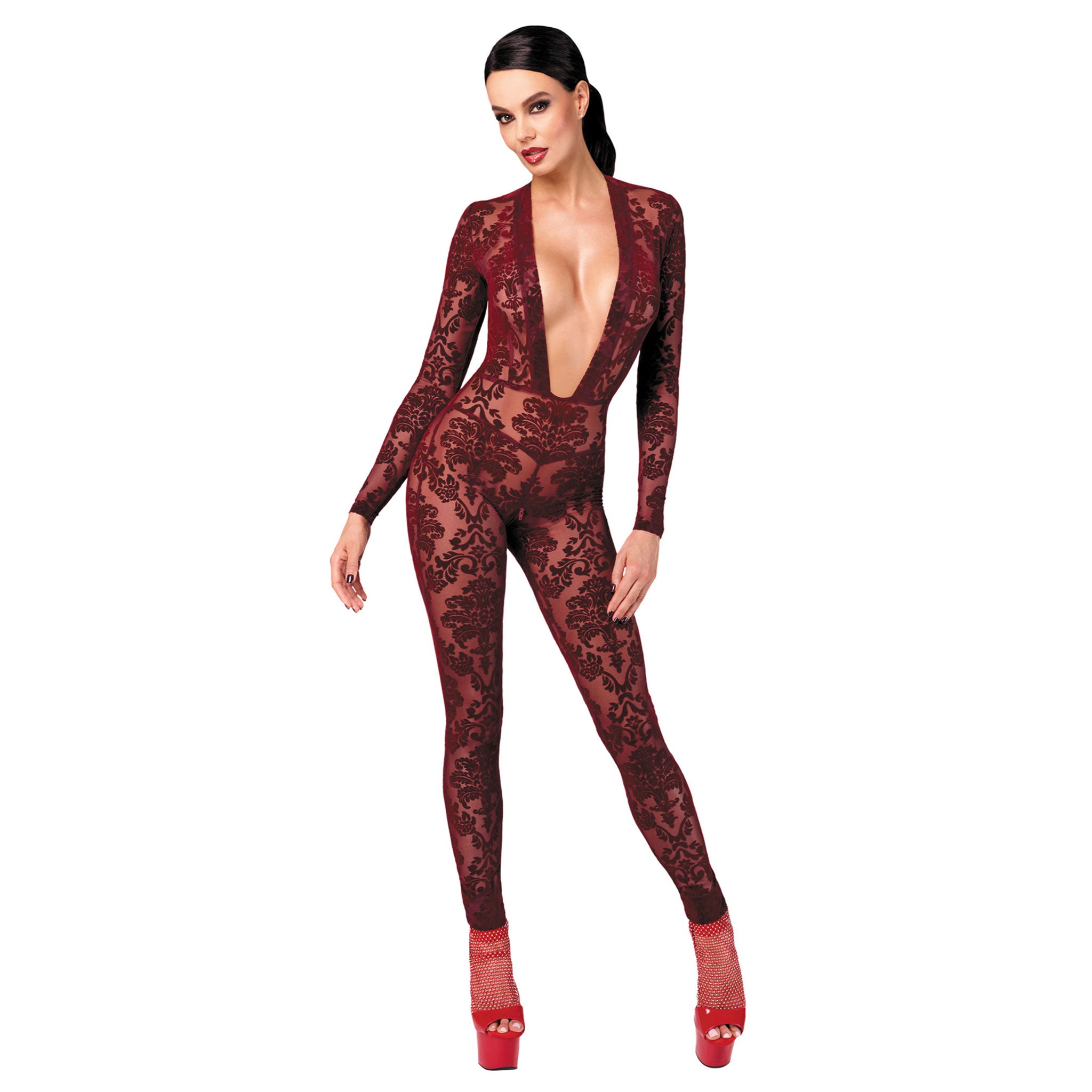 Mesh tulle sheer transparent intimates lingerie catsuit cat-suit jumpsuit jump-suit full-length long-sleeve sleeves sleeved longsleeve crotch-zip zipper deep-cleavage cleavage décolletage plunging-neckline floral flocked flocking elastic stretch second-skin captivating elegant seductive edgy daring alluring flexible soft sensuality contouring comfort streamlined fetish fashion alt-fashion sexy clubwear rave ravewear female femme feminine womens valentines holiday-gifts gift burgundy
