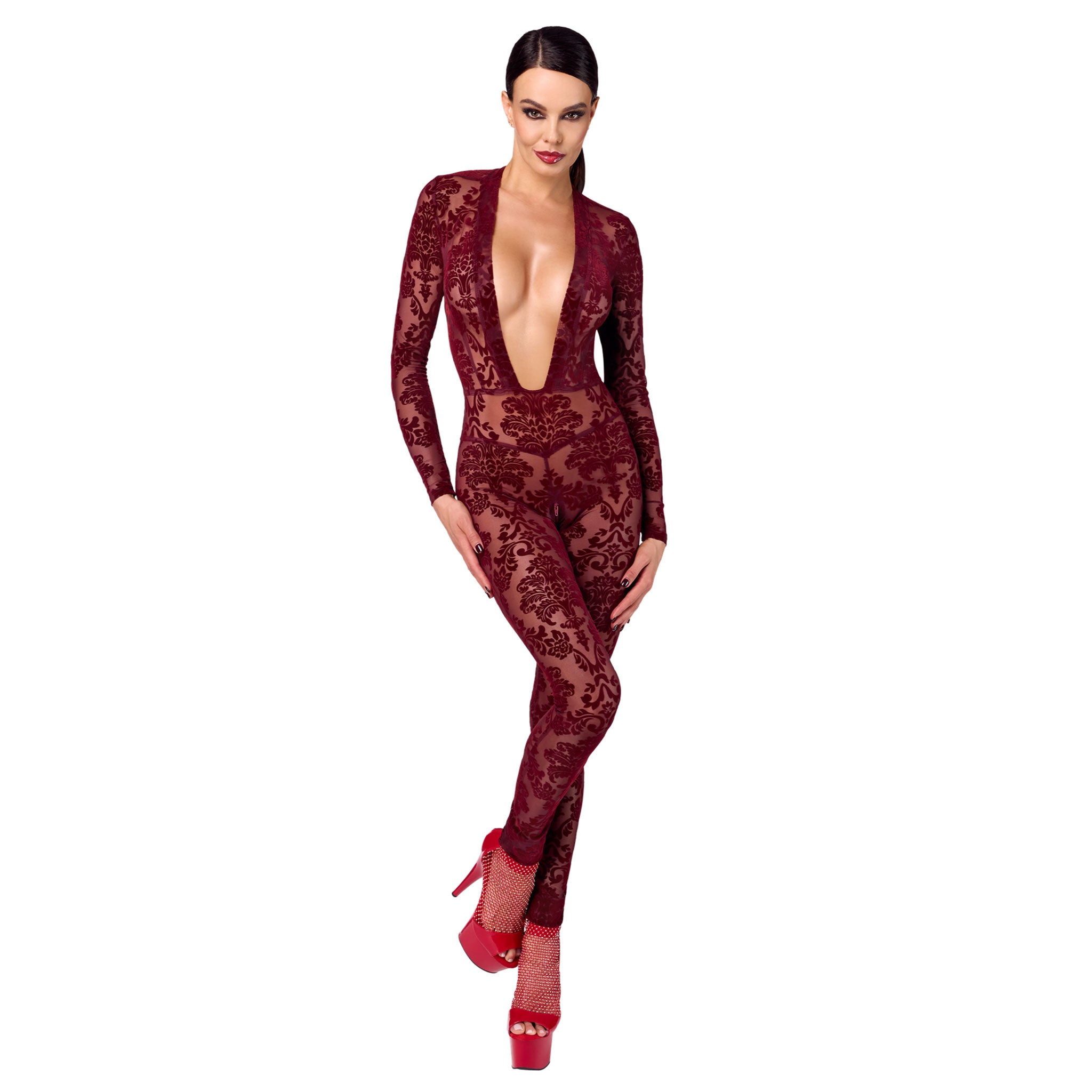 Mesh tulle sheer transparent intimates lingerie catsuit cat-suit jumpsuit jump-suit full-length long-sleeve sleeves sleeved longsleeve crotch-zip zipper deep-cleavage cleavage décolletage plunging-neckline floral flocked flocking elastic stretch second-skin captivating elegant seductive edgy daring alluring flexible soft sensuality contouring comfort streamlined fetish fashion alt-fashion sexy clubwear rave ravewear female femme feminine womens valentines holiday-gifts gift burgundy