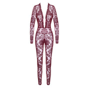 Mesh tulle sheer transparent intimates lingerie catsuit cat-suit jumpsuit jump-suit full-length long-sleeve sleeves sleeved longsleeve crotch-zip zipper deep-cleavage cleavage décolletage plunging-neckline floral flocked flocking elastic stretch second-skin captivating elegant seductive edgy daring alluring flexible soft sensuality contouring comfort streamlined fetish fashion alt-fashion sexy clubwear rave ravewear female femme feminine womens valentines holiday-gifts gift burgundy