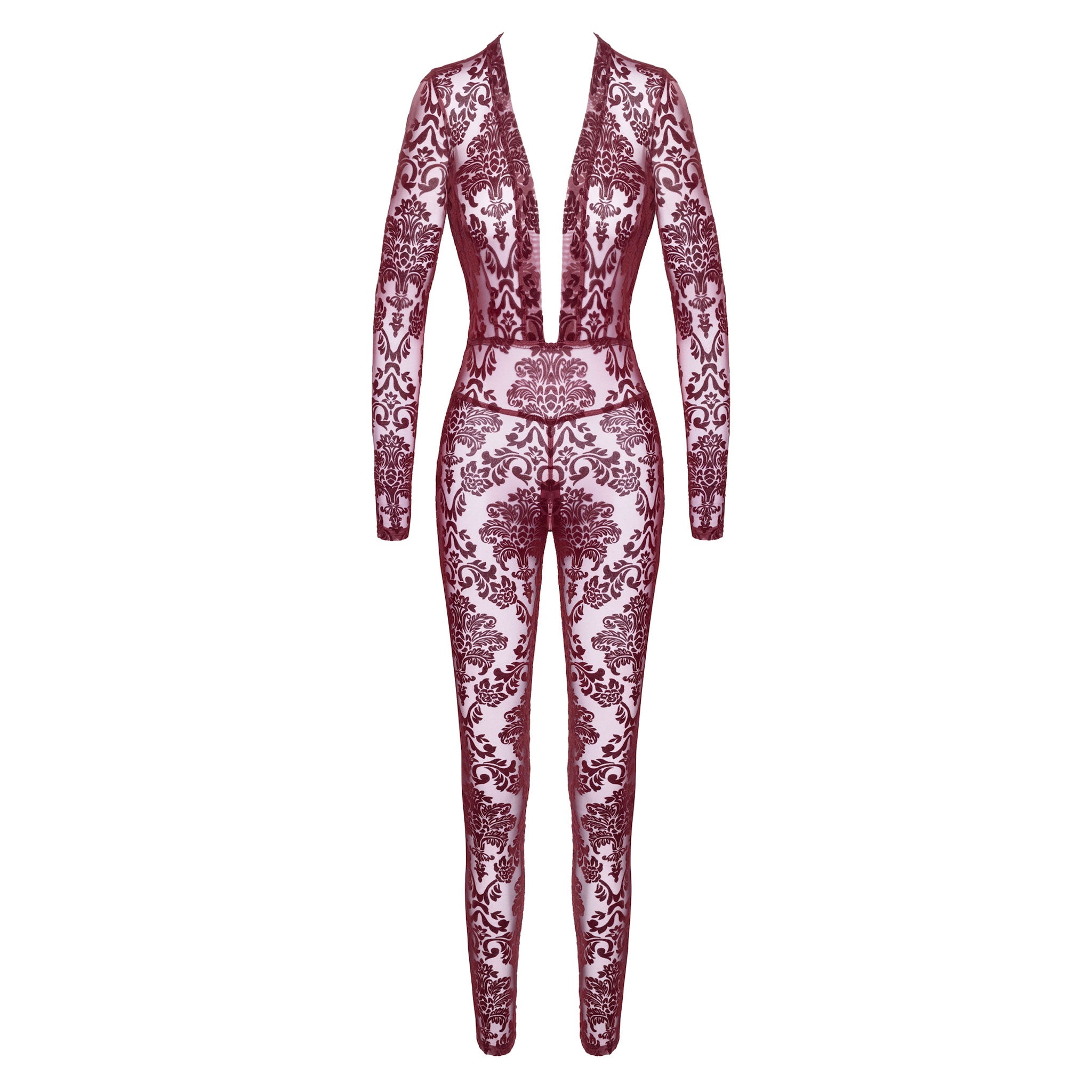 Mesh tulle sheer transparent intimates lingerie catsuit cat-suit jumpsuit jump-suit full-length long-sleeve sleeves sleeved longsleeve crotch-zip zipper deep-cleavage cleavage décolletage plunging-neckline floral flocked flocking elastic stretch second-skin captivating elegant seductive edgy daring alluring flexible soft sensuality contouring comfort streamlined fetish fashion alt-fashion sexy clubwear rave ravewear female femme feminine womens valentines holiday-gifts gift burgundy