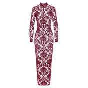 Mesh tulle sheer transparent polyester elastane apparel dress maxi-dress gown long-dress floor-length longsleeve long-sleeve sleeves sleeved back-vent back-slit open-back high-neck neckholder flocking flocked velvet hook-and-eye elegant sophisticated textured soft lightweight graceful comfortable flattering seductive elastic fetish fasion alt-fashion clubwear fancy gala formal party female femme feminine women valentines holiday-gifts gift burgundy 