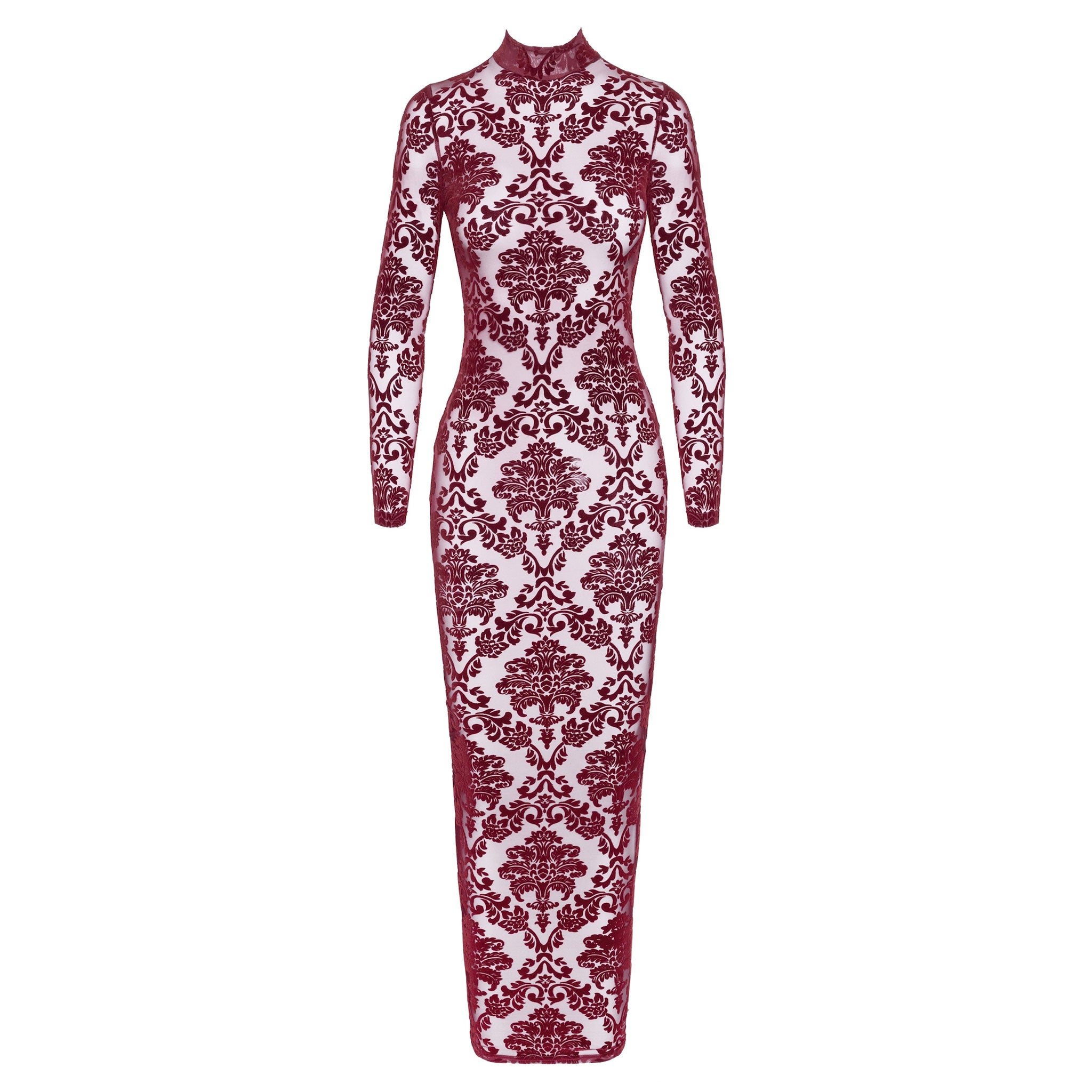 Mesh tulle sheer transparent polyester elastane apparel dress maxi-dress gown long-dress floor-length longsleeve long-sleeve sleeves sleeved back-vent back-slit open-back high-neck neckholder flocking flocked velvet hook-and-eye elegant sophisticated textured soft lightweight graceful comfortable flattering seductive elastic fetish fasion alt-fashion clubwear fancy gala formal party female femme feminine women valentines holiday-gifts gift burgundy 