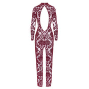 Mesh tulle sheer transparent polyester elastane apparel dress maxi-dress gown long-dress floor-length longsleeve long-sleeve sleeves sleeved back-vent back-slit open-back high-neck neckholder flocking flocked velvet hook-and-eye elegant sophisticated textured soft lightweight graceful comfortable flattering seductive elastic fetish fasion alt-fashion clubwear fancy gala formal party female femme feminine women valentines holiday-gifts gift burgundy 