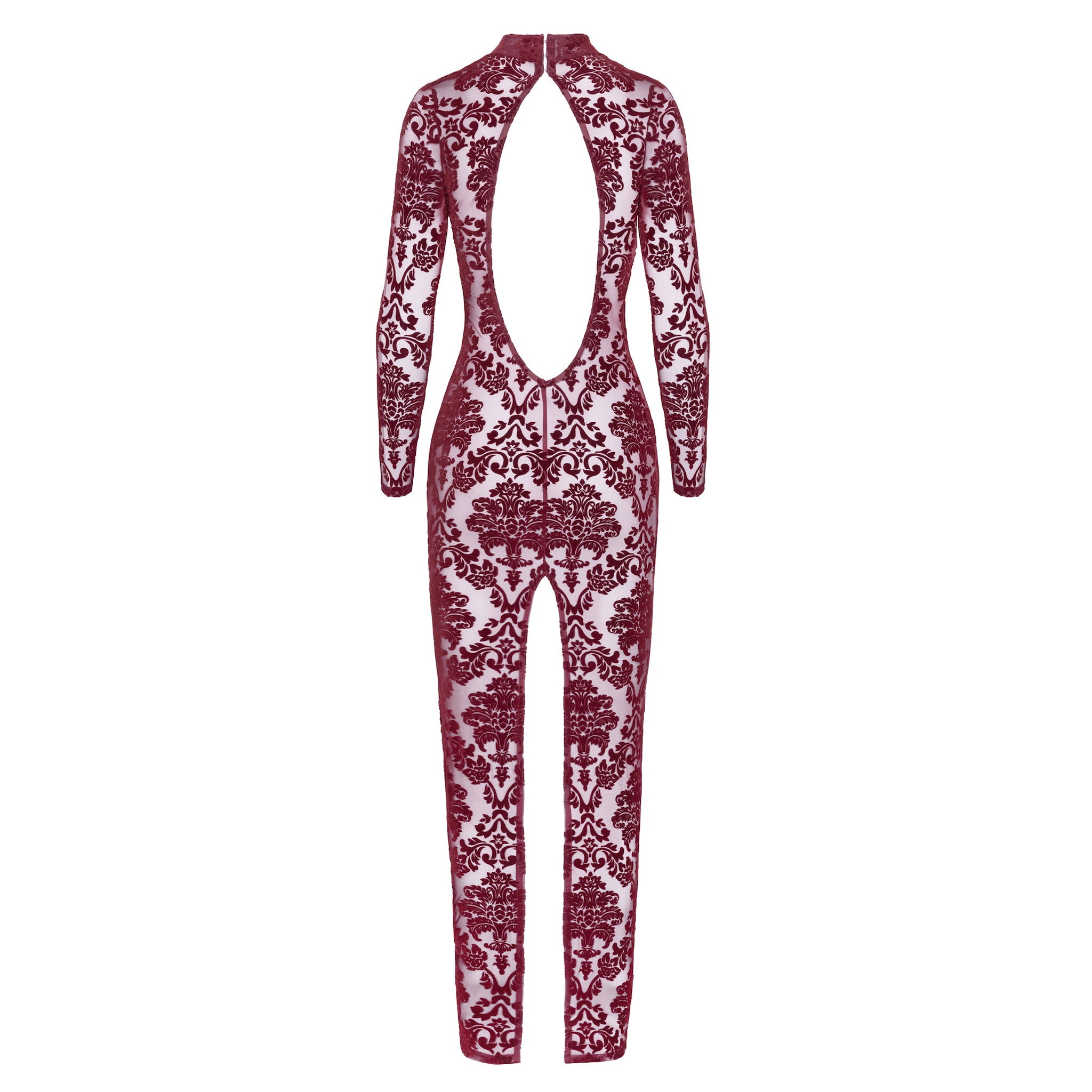 Mesh tulle sheer transparent polyester elastane apparel dress maxi-dress gown long-dress floor-length longsleeve long-sleeve sleeves sleeved back-vent back-slit open-back high-neck neckholder flocking flocked velvet hook-and-eye elegant sophisticated textured soft lightweight graceful comfortable flattering seductive elastic fetish fasion alt-fashion clubwear fancy gala formal party female femme feminine women valentines holiday-gifts gift burgundy 