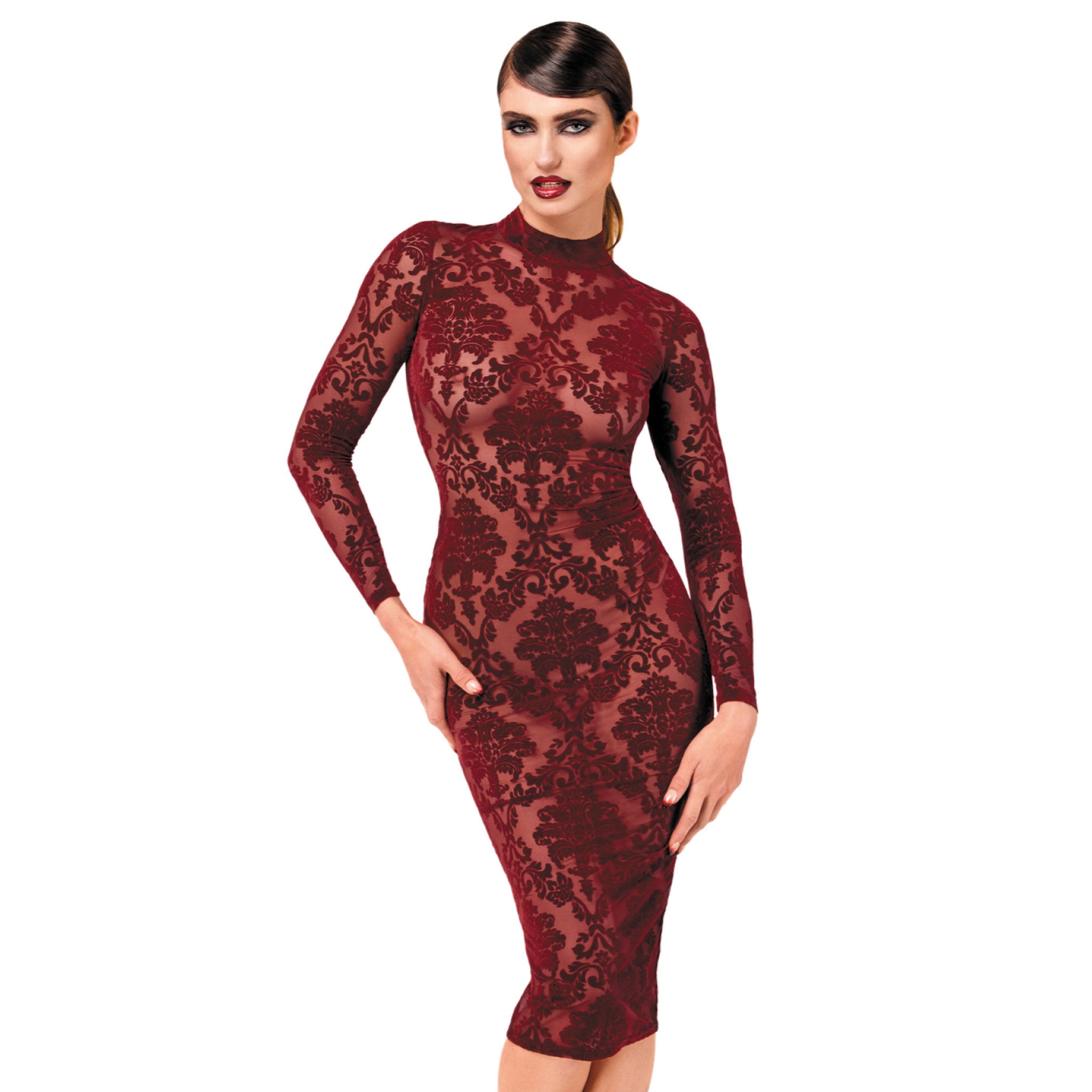 Mesh sheer tulle transparent apparel dress midi-dress longsleeve long-sleeve sleeves sleeved open-back neck-holder high-collar hook-and-eye flocked flocking elastic tailored alluring sophisticated comfortable lightweight elegant stylish sexy seductive luxurious refined soft fitted flattering figure-hugging sensual fetish fashion alt-fashion party formal female femme feminine womens holiday-gifts valentine gift burgundy