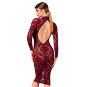 Mesh sheer tulle transparent apparel dress midi-dress longsleeve long-sleeve sleeves sleeved open-back neck-holder high-collar hook-and-eye flocked flocking elastic tailored alluring sophisticated comfortable lightweight elegant stylish sexy seductive luxurious refined soft fitted flattering figure-hugging sensual fetish fashion alt-fashion party formal female femme feminine womens holiday-gifts valentine gift burgundy