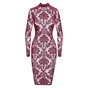 Mesh sheer tulle transparent apparel dress midi-dress longsleeve long-sleeve sleeves sleeved open-back neck-holder high-collar hook-and-eye flocked flocking elastic tailored alluring sophisticated comfortable lightweight elegant stylish sexy seductive luxurious refined soft fitted flattering figure-hugging sensual fetish fashion alt-fashion party formal female femme feminine womens holiday-gifts valentine gift burgundy