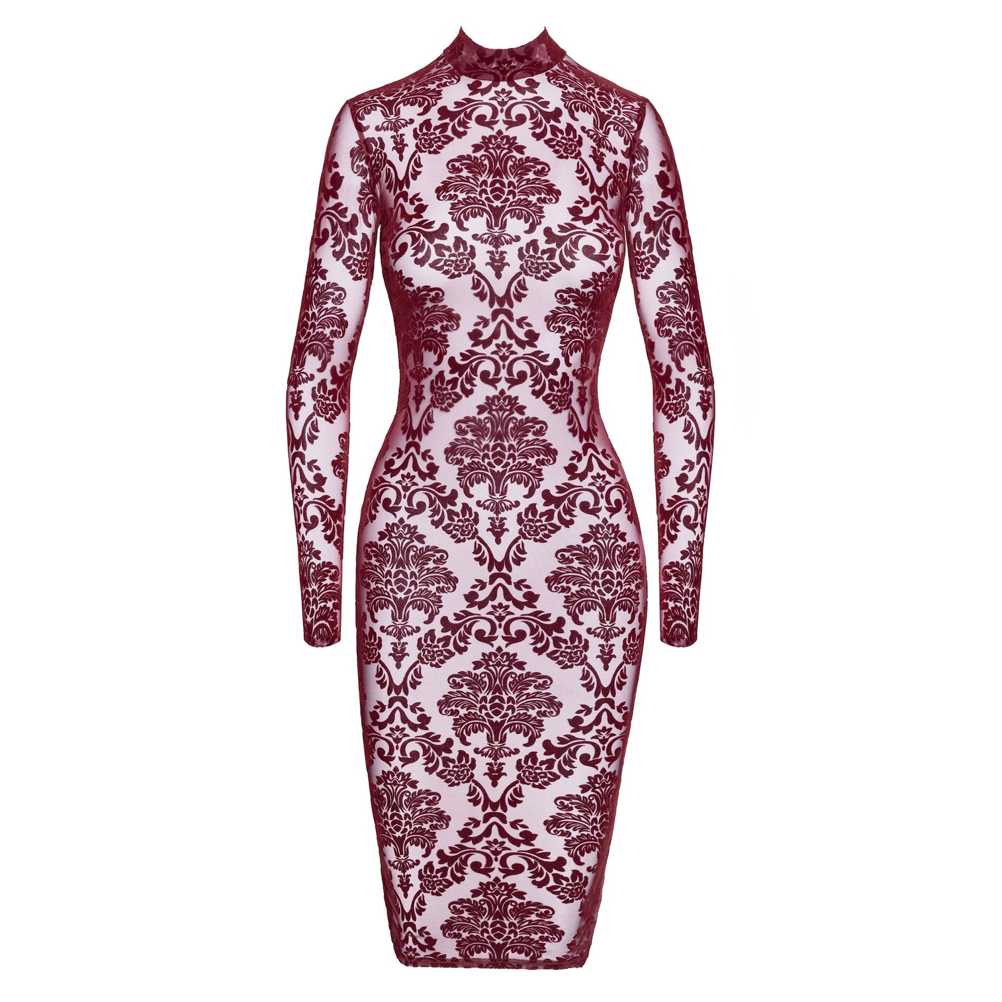 Mesh sheer tulle transparent apparel dress midi-dress longsleeve long-sleeve sleeves sleeved open-back neck-holder high-collar hook-and-eye flocked flocking elastic tailored alluring sophisticated comfortable lightweight elegant stylish sexy seductive luxurious refined soft fitted flattering figure-hugging sensual fetish fashion alt-fashion party formal female femme feminine womens holiday-gifts valentine gift burgundy