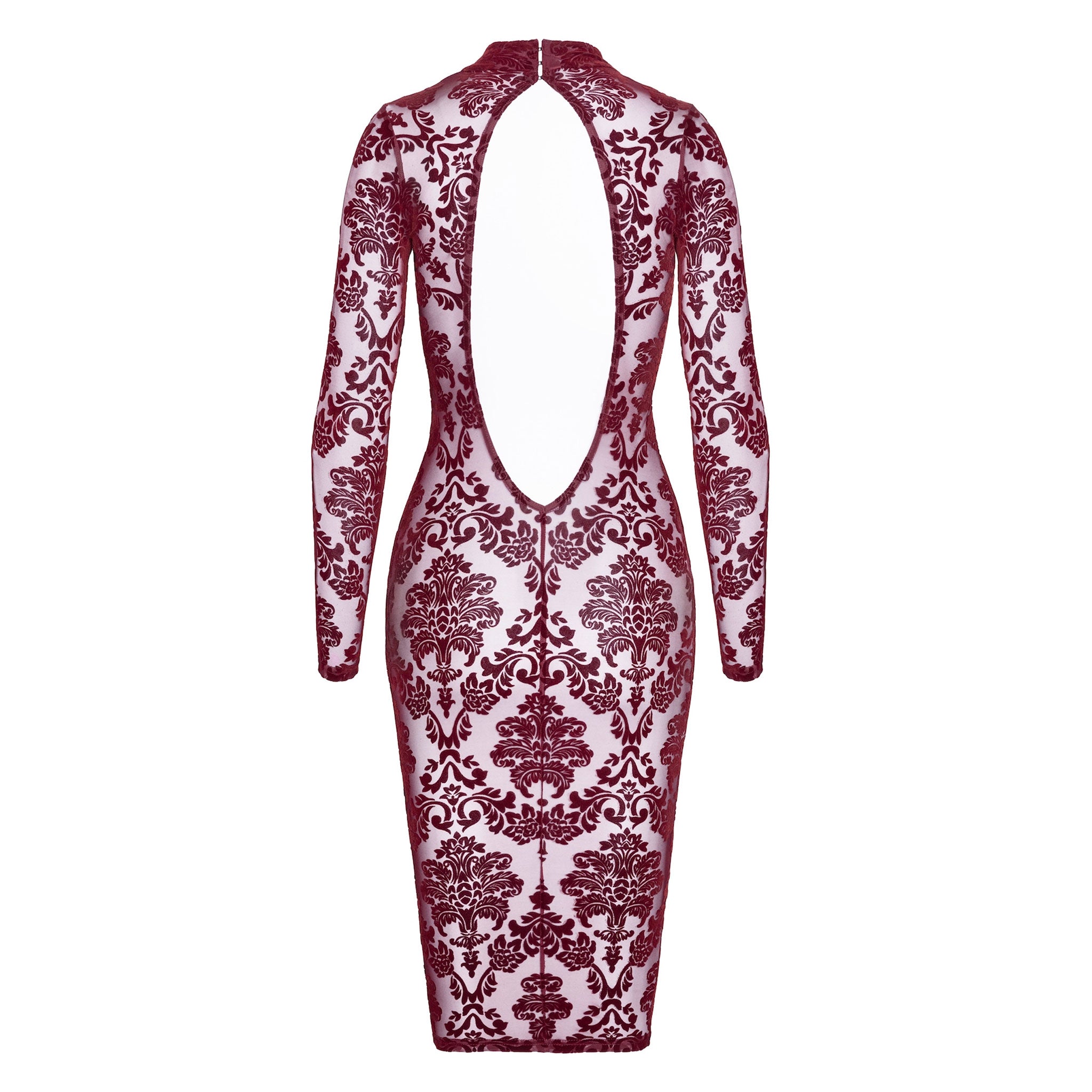 Mesh sheer tulle transparent apparel dress midi-dress longsleeve long-sleeve sleeves sleeved open-back neck-holder high-collar hook-and-eye flocked flocking elastic tailored alluring sophisticated comfortable lightweight elegant stylish sexy seductive luxurious refined soft fitted flattering figure-hugging sensual fetish fashion alt-fashion party formal female femme feminine womens holiday-gifts valentine gift burgundy