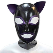 Latex hood anatomical eyes nostrils mouth 5-panel five-panel back-zip zipper cat-ears firm-standing standing kitty cat bondage bdsm bdsm-gear feline pet-play fetish fashion alt-fashion accessories black purple PS-purple pearlsheen-purple
