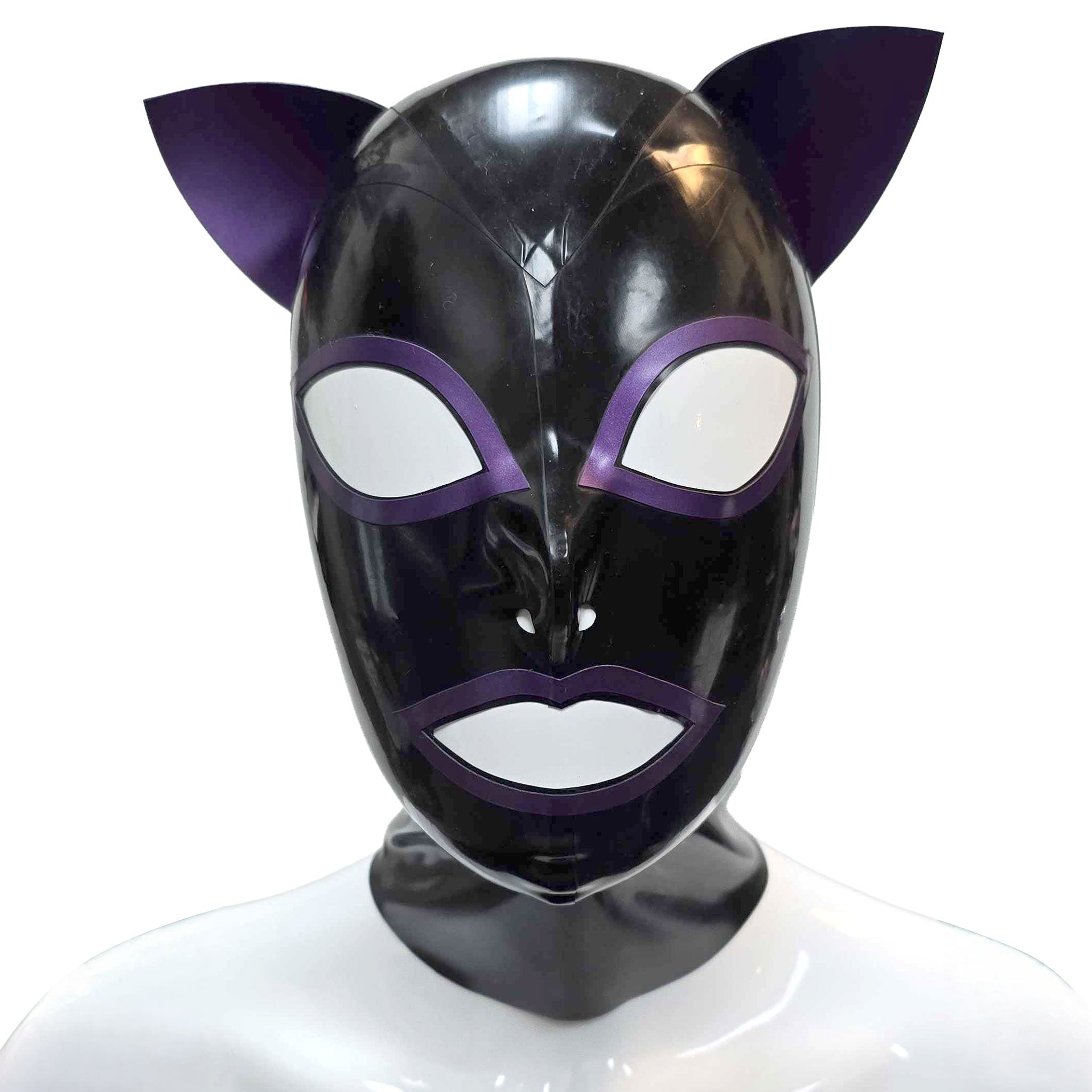 Latex hood anatomical eyes nostrils mouth 5-panel five-panel back-zip zipper cat-ears firm-standing standing kitty cat bondage bdsm bdsm-gear feline pet-play fetish fashion alt-fashion accessories black purple PS-purple pearlsheen-purple