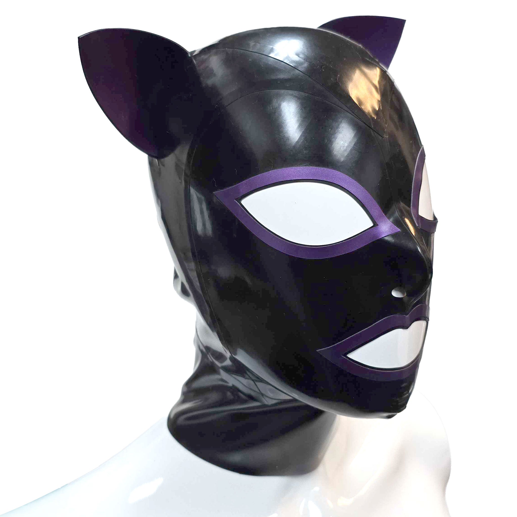Latex hood anatomical eyes nostrils mouth 5-panel five-panel back-zip zipper cat-ears firm-standing standing kitty cat bondage bdsm bdsm-gear feline pet-play fetish fashion alt-fashion accessories black purple PS-purple pearlsheen-purple