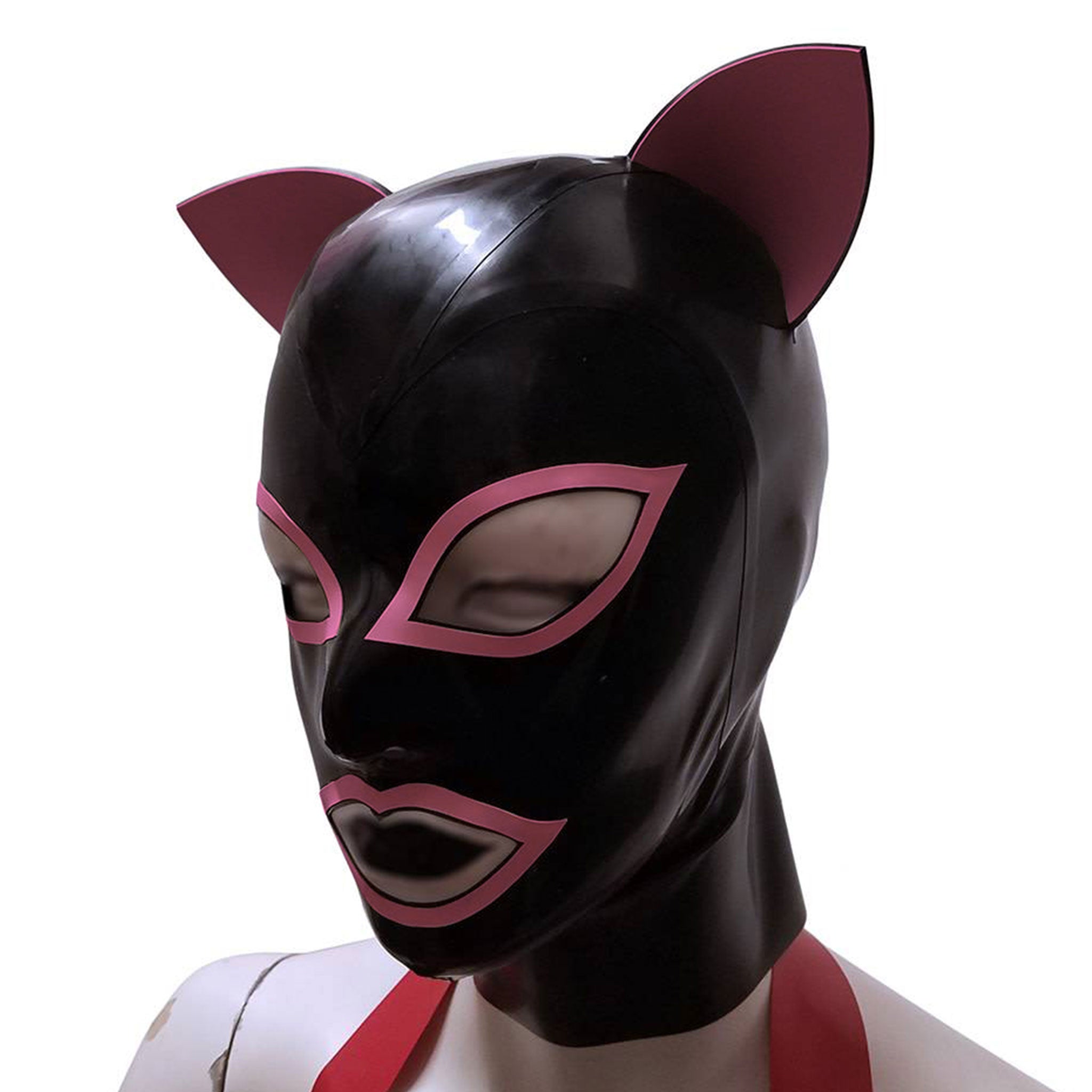 Latex hood anatomical eyes nostrils mouth 5-panel five-panel back-zip zipper cat-ears firm-standing standing kitty cat bondage bdsm bdsm-gear feline pet-play fetish fashion alt-fashion accessories black pink hot-pink