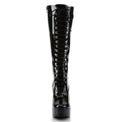 Patent-leather footwear shoes boot knee knee-high knee-hi laceup lace-up lace-front chunky-heel full-zip inside-zip zipper round-toe sleek shiny kinky kink kinkster simple fetish fashion alt-fashion fun female femme feminine women black