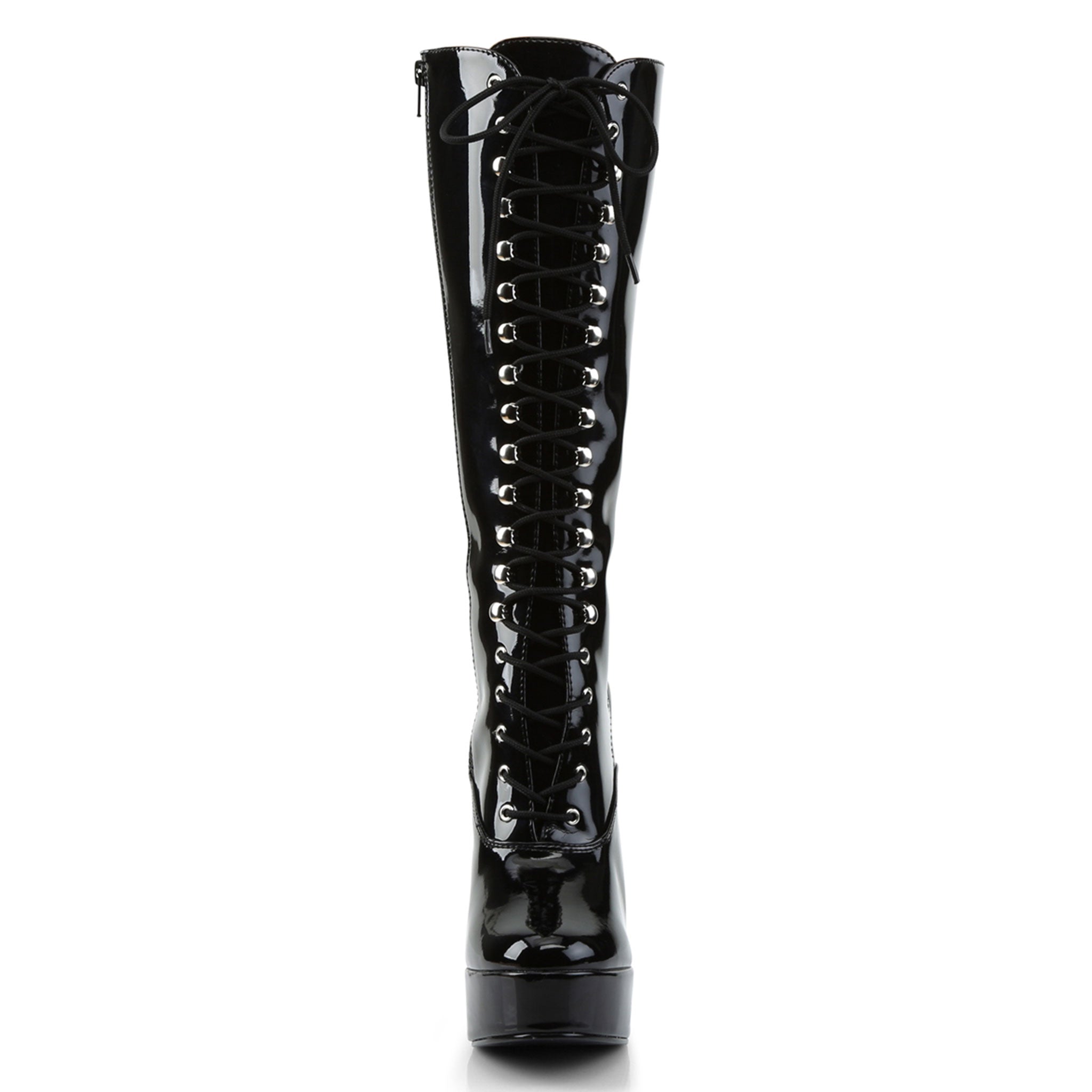 Patent-leather footwear shoes boot knee knee-high knee-hi laceup lace-up lace-front chunky-heel full-zip inside-zip zipper round-toe sleek shiny kinky kink kinkster simple fetish fashion alt-fashion fun female femme feminine women black