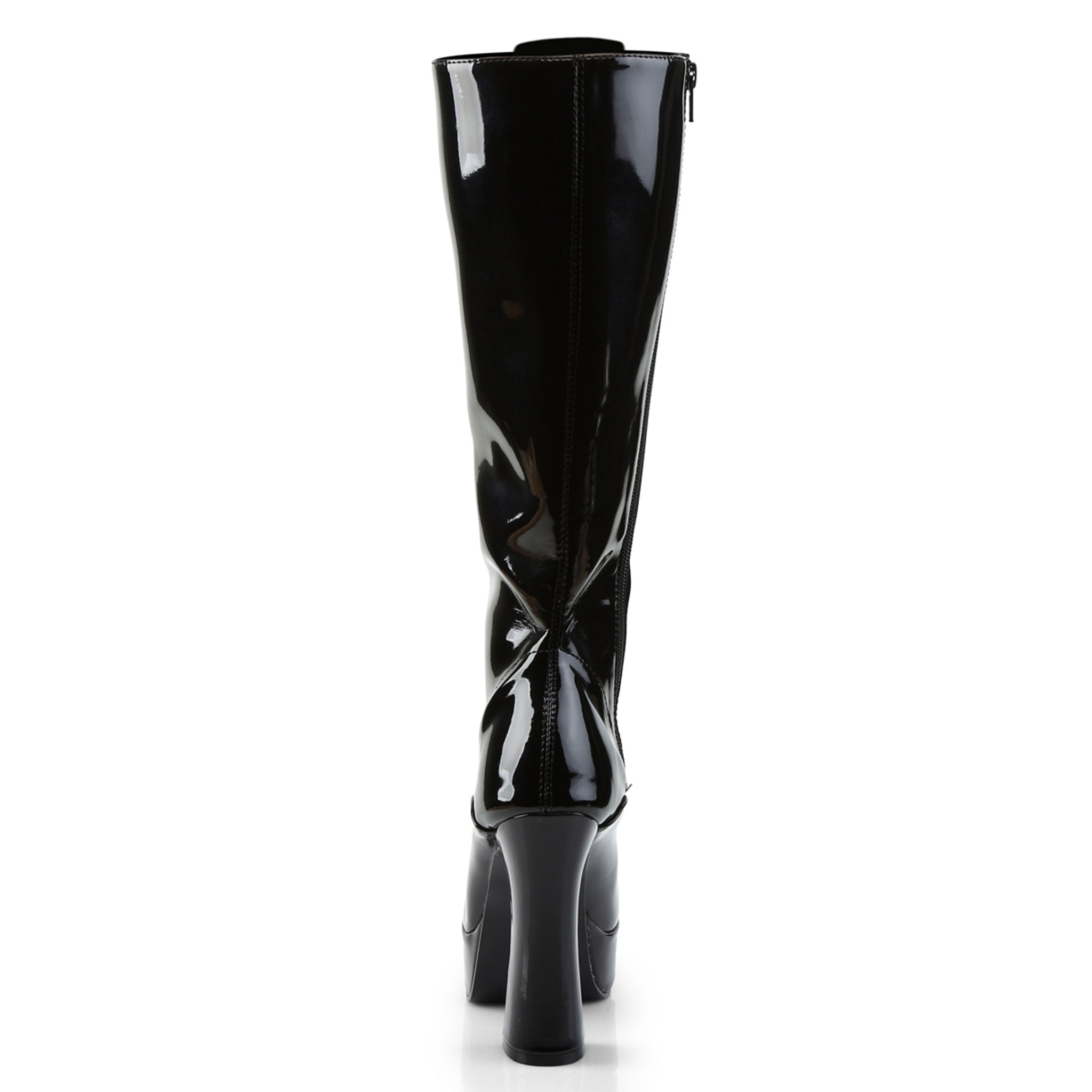 Patent-leather footwear shoes boot knee knee-high knee-hi laceup lace-up lace-front chunky-heel full-zip inside-zip zipper round-toe sleek shiny kinky kink kinkster simple fetish fashion alt-fashion fun female femme feminine women black