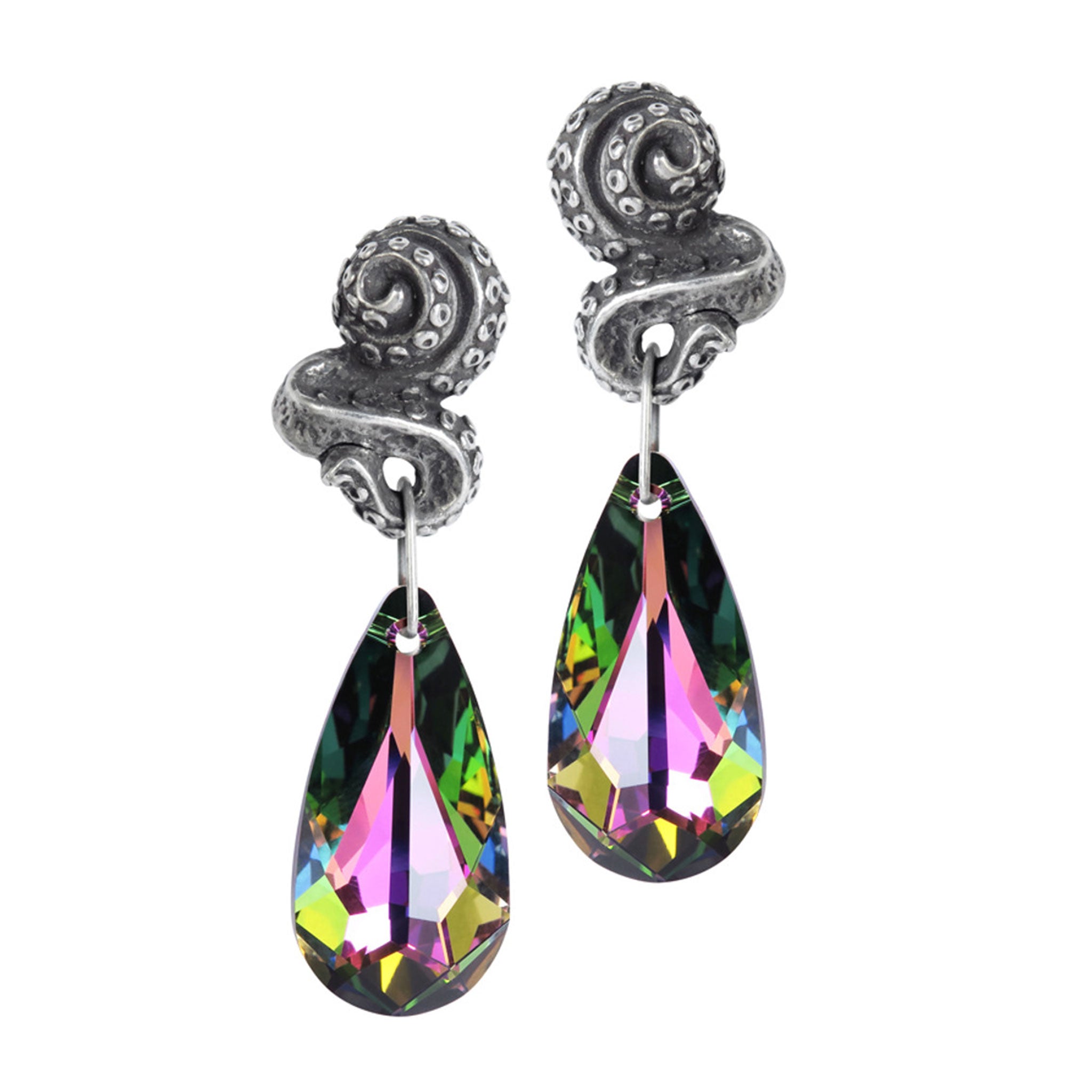 Pewter fine English Austrian crystal jewelry earring teardrop volcano exotic subterranean kraken squid tentacle surgical-steel earpost plastic scrolls fashion alt-fashion holiday gifts pride accessories gray multicolor 