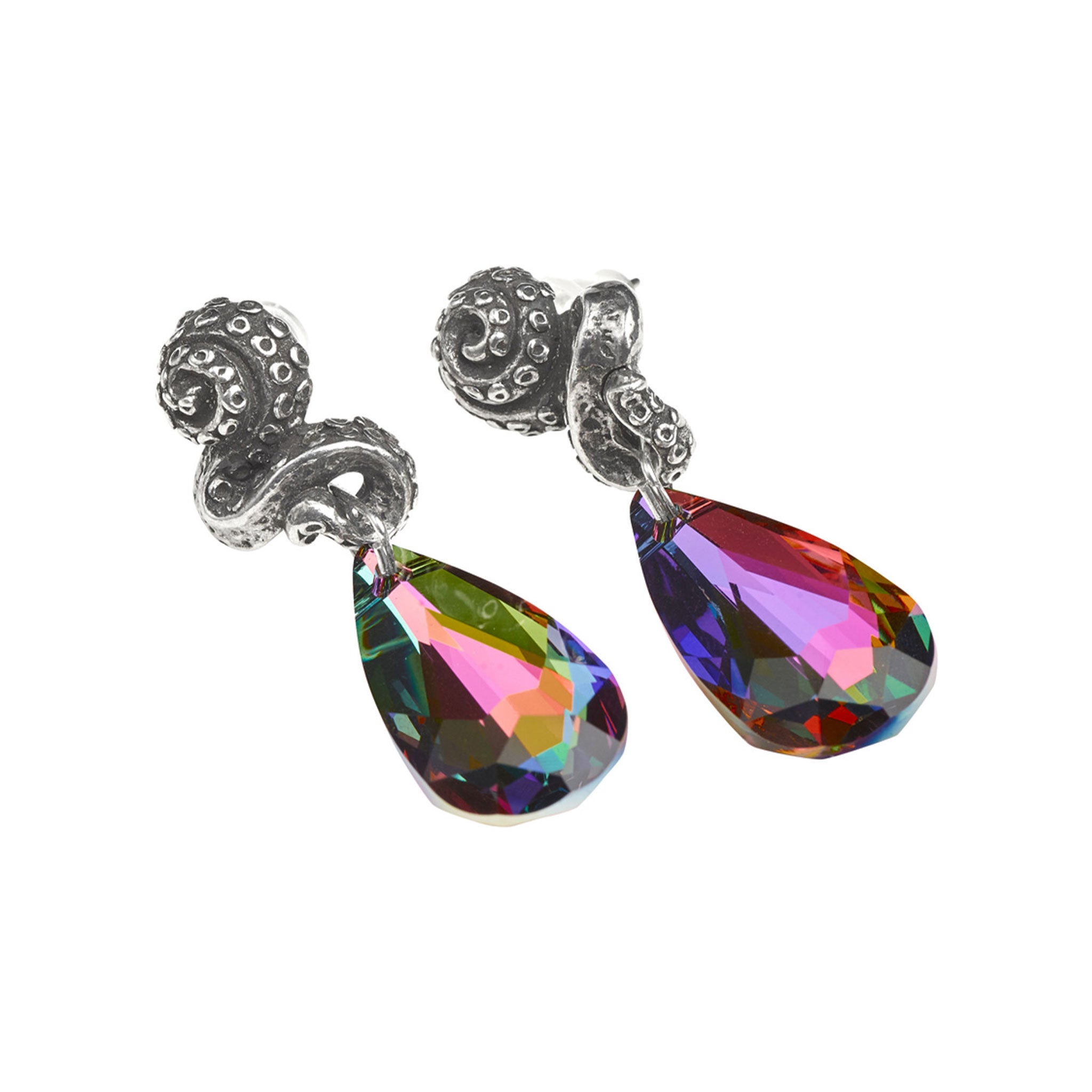 Pewter fine English Austrian crystal jewelry earring teardrop volcano exotic subterranean kraken squid tentacle surgical-steel earpost plastic scrolls fashion alt-fashion holiday gifts pride accessories gray multicolor 