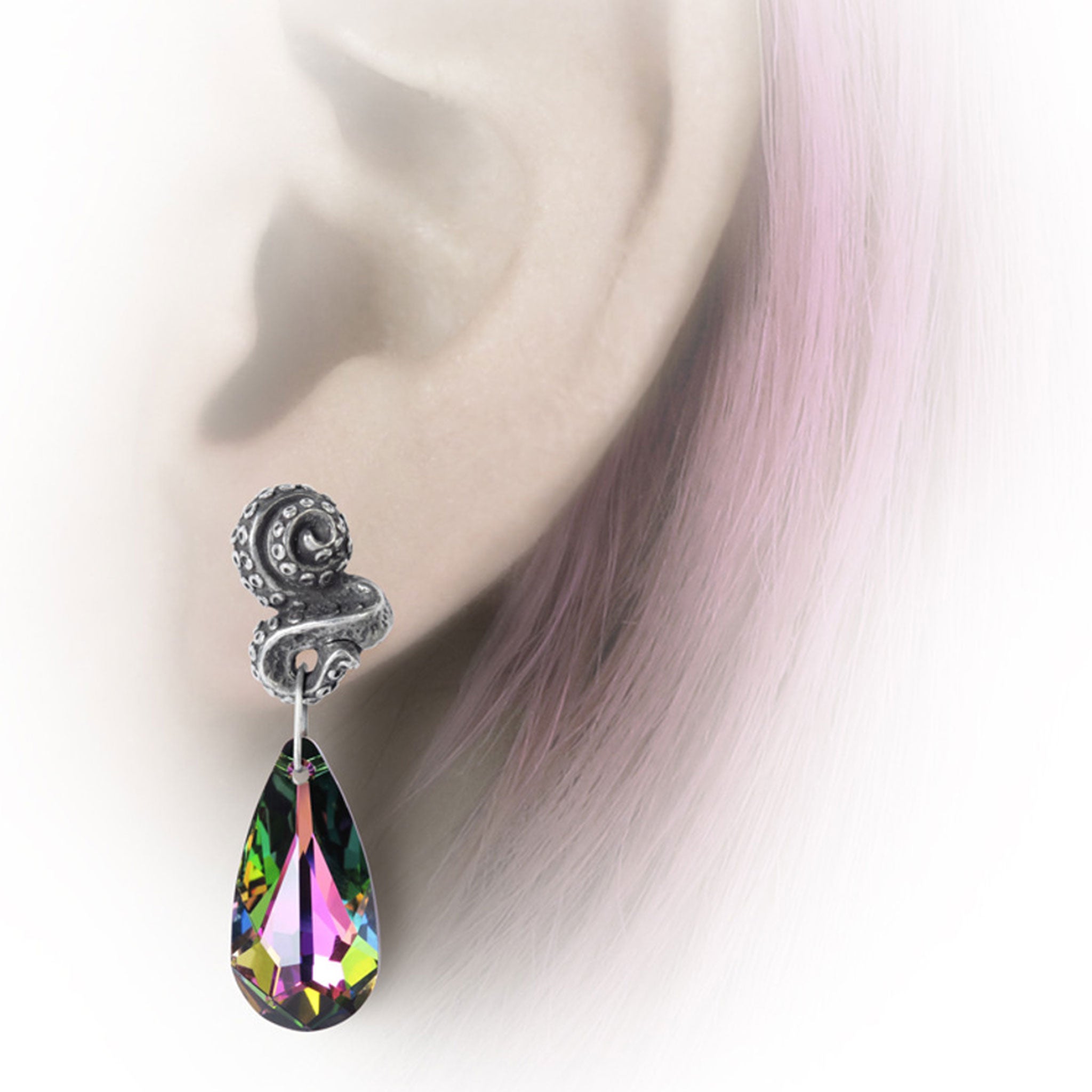 Pewter fine English Austrian crystal jewelry earring teardrop volcano exotic subterranean kraken squid tentacle surgical-steel earpost plastic scrolls fashion alt-fashion holiday gifts pride accessories gray multicolor 