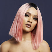 Synthetic-hair fever wig short bob bob-cut inverted straight two-tone ombre kylie adjustable wig-cap heat-resistant styled styleable professional realistic costume cosplay accessories halloween head-gear head gear pink coral-pink