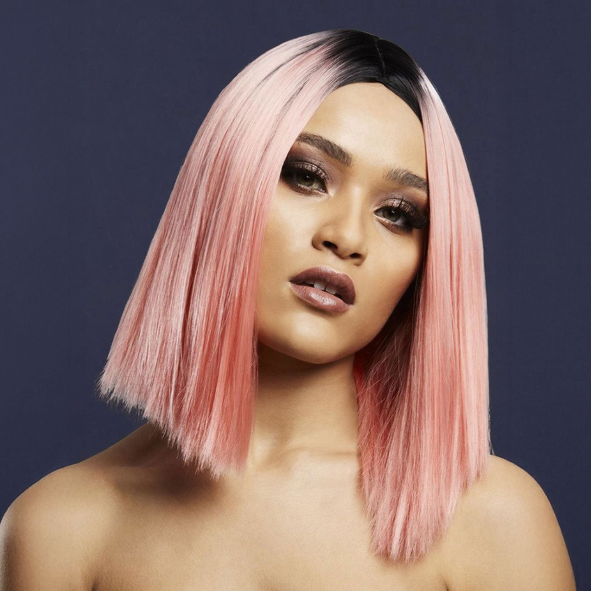 Synthetic-hair fever wig short bob bob-cut inverted straight two-tone ombre kylie adjustable wig-cap heat-resistant styled styleable professional realistic costume cosplay accessories halloween head-gear head gear pink coral-pink