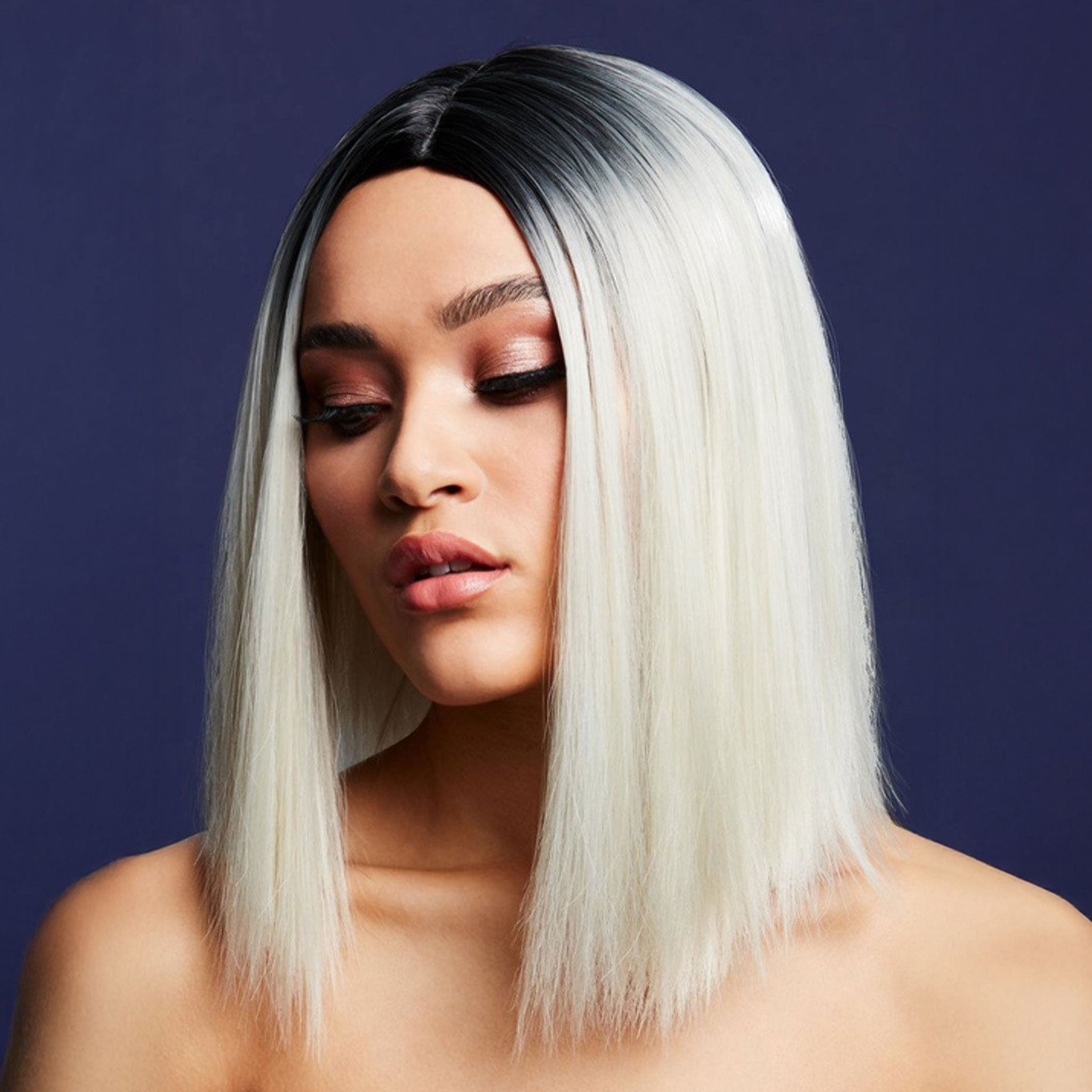 Synthetic-hair fever wig short bob bob-cut inverted straight two-tone ombre kylie adjustable wig-cap heat-resistant styled styleable professional realistic costume cosplay accessories halloween head-gear head gear ice-blonde blonde