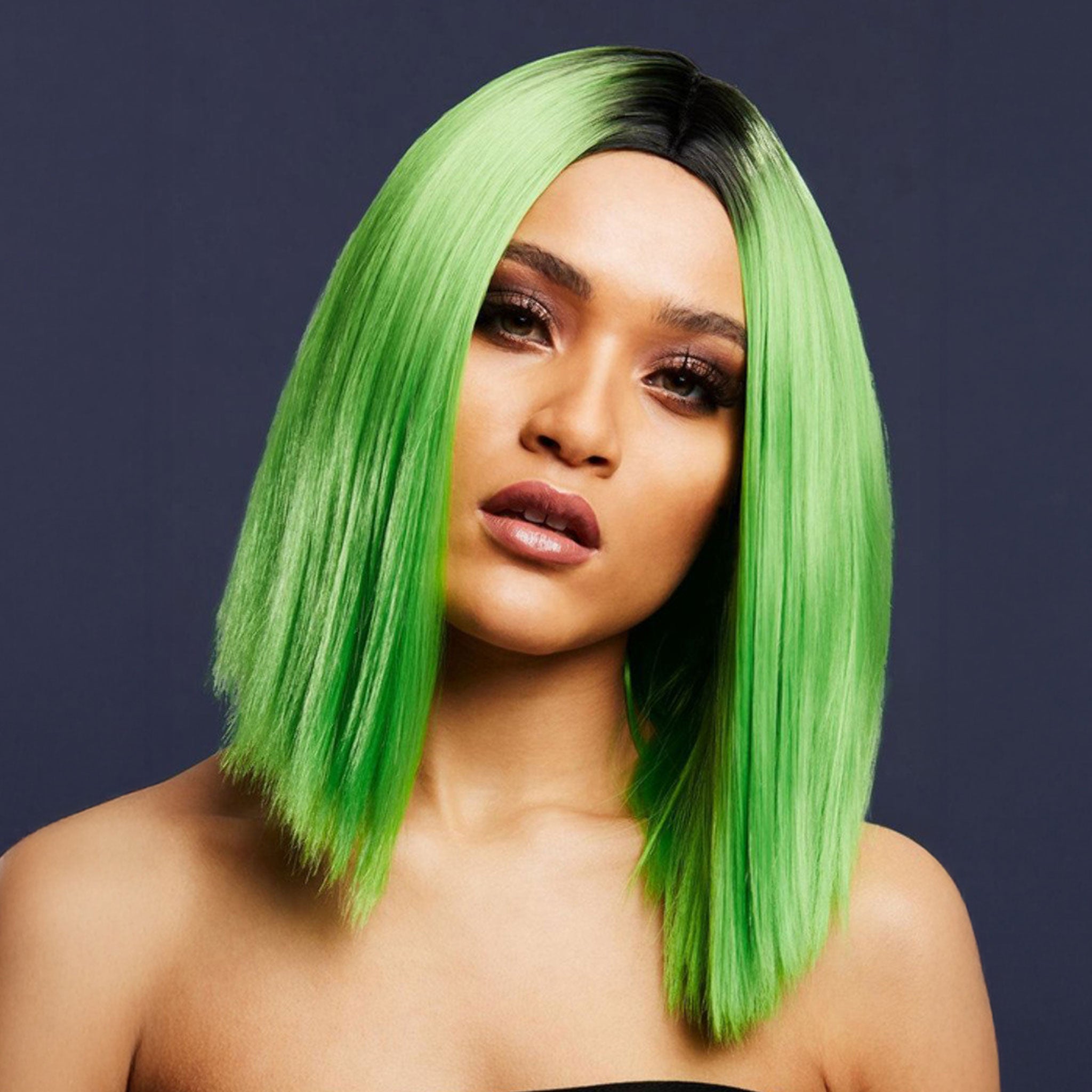 Synthetic-hair fever wig short bob bob-cut inverted straight two-tone ombre kylie adjustable wig-cap heat-resistant styled styleable professional realistic costume cosplay accessories halloween head-gear head gear green neon-green lime-green