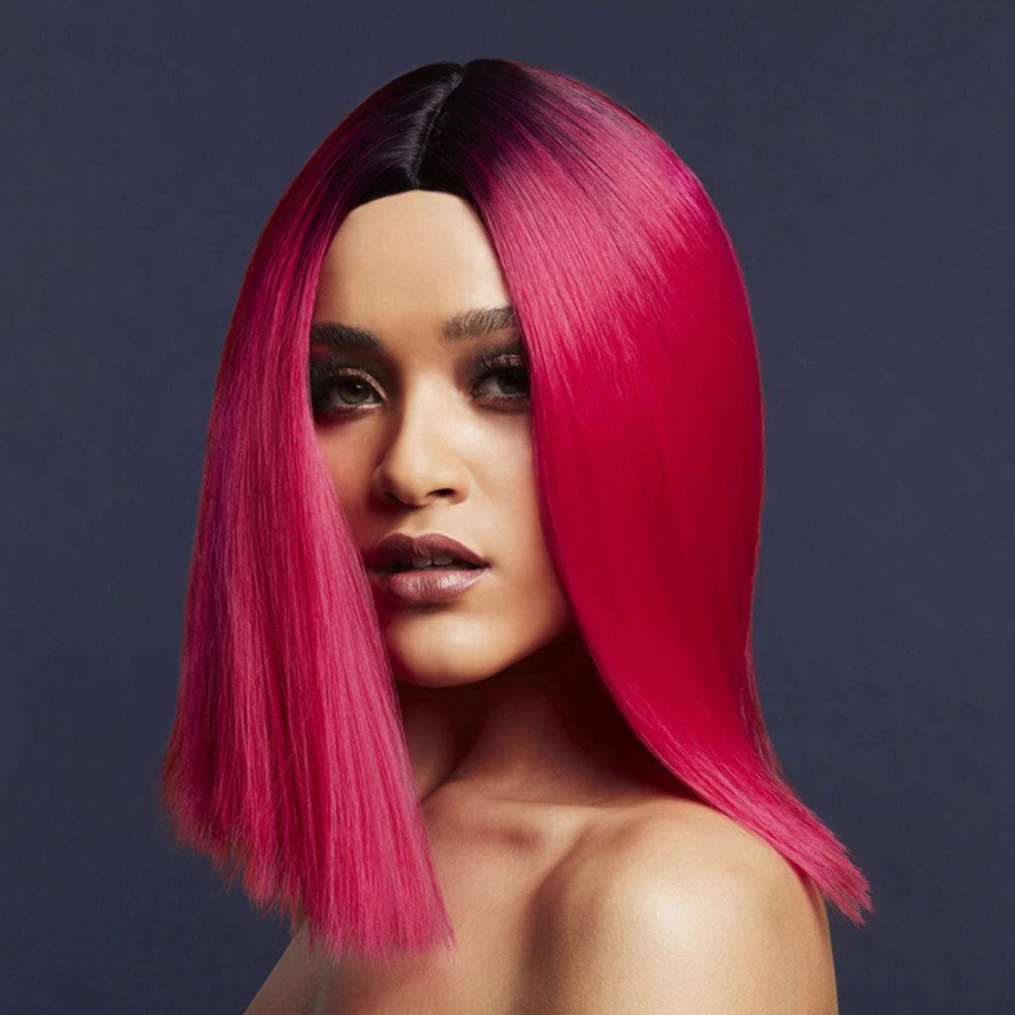 Synthetic-hair fever wig short bob bob-cut inverted straight two-tone ombre kylie adjustable wig-cap heat-resistant styled styleable professional realistic costume cosplay accessories halloween head-gear head gear pink red magenta