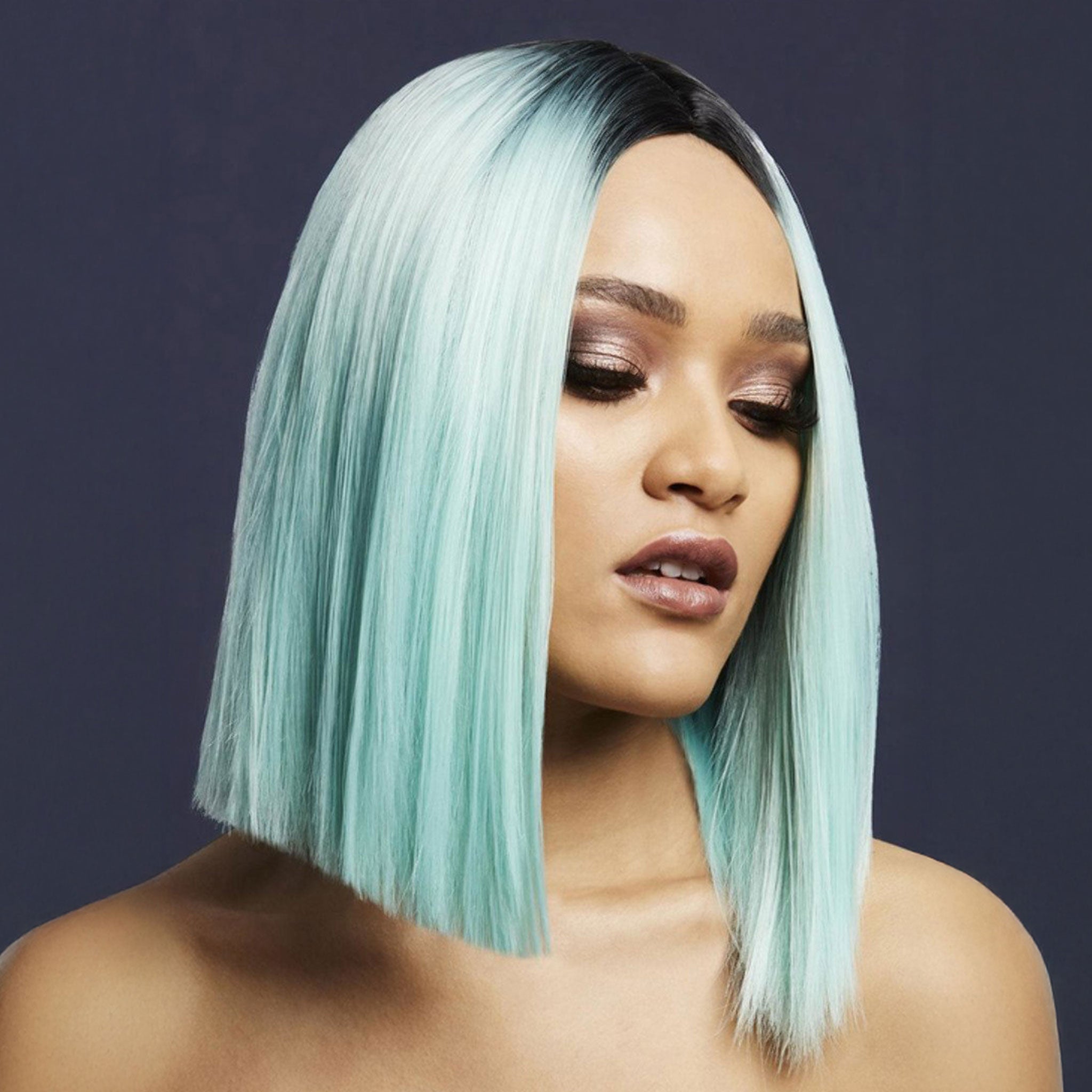 Synthetic-hair fever wig short bob bob-cut inverted straight two-tone ombre kylie adjustable wig-cap heat-resistant styled styleable professional realistic costume cosplay accessories halloween head-gear head gear peppermint light-blue