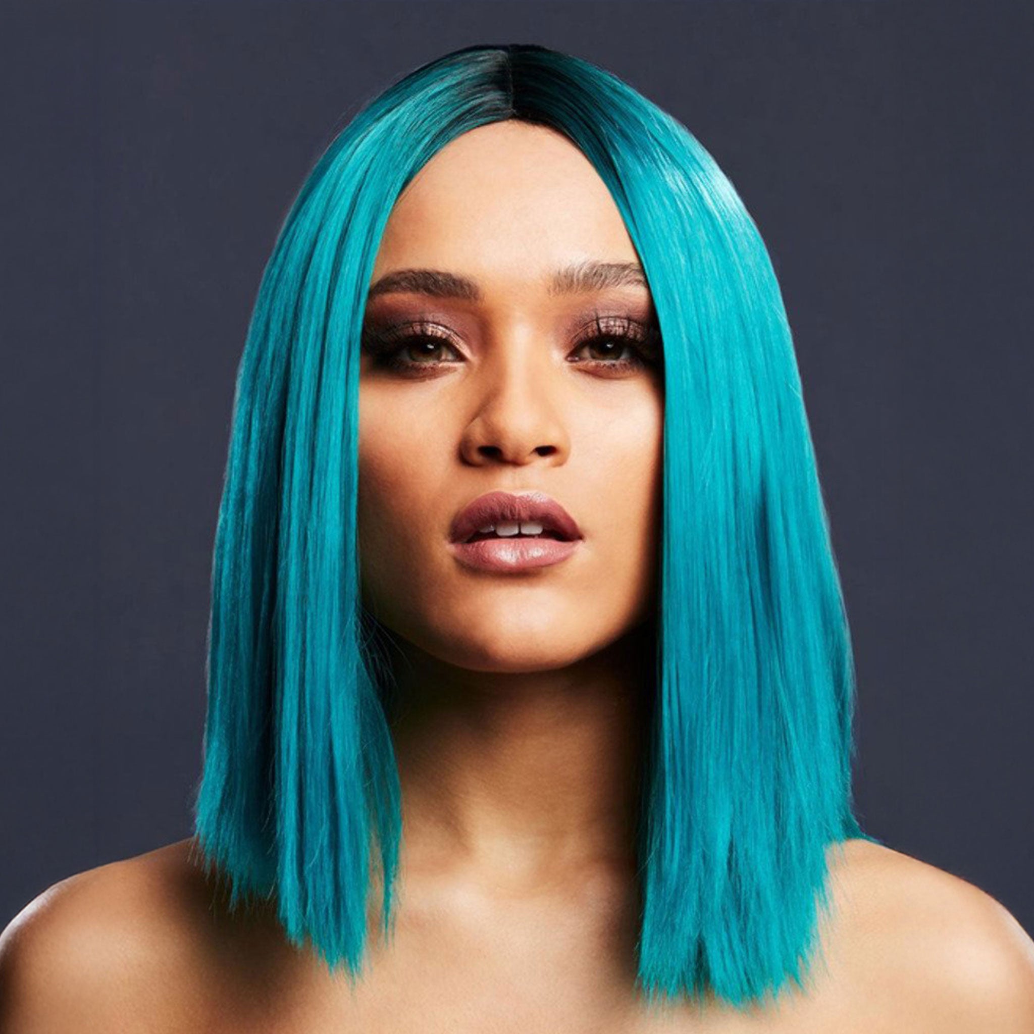 Synthetic-hair fever wig short bob bob-cut inverted straight two-tone ombre kylie adjustable wig-cap heat-resistant styled styleable professional realistic costume cosplay accessories halloween head-gear head gear teal blue