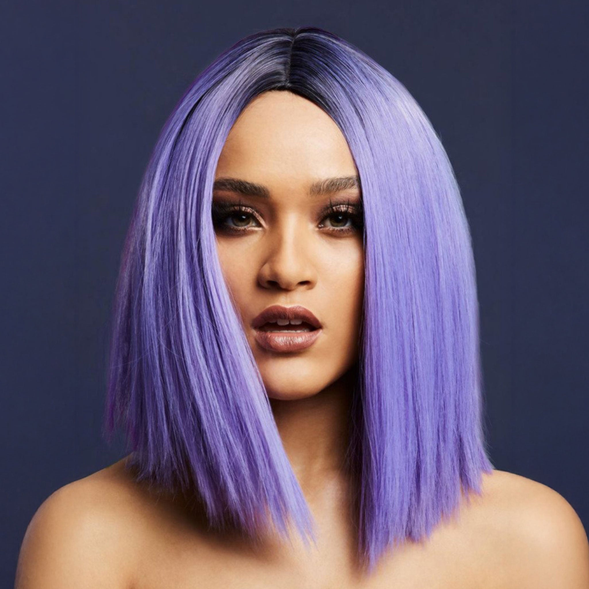 Synthetic-hair fever wig short bob bob-cut inverted straight two-tone ombre kylie adjustable wig-cap heat-resistant styled styleable professional realistic costume cosplay accessories halloween head-gear head gear violet purple