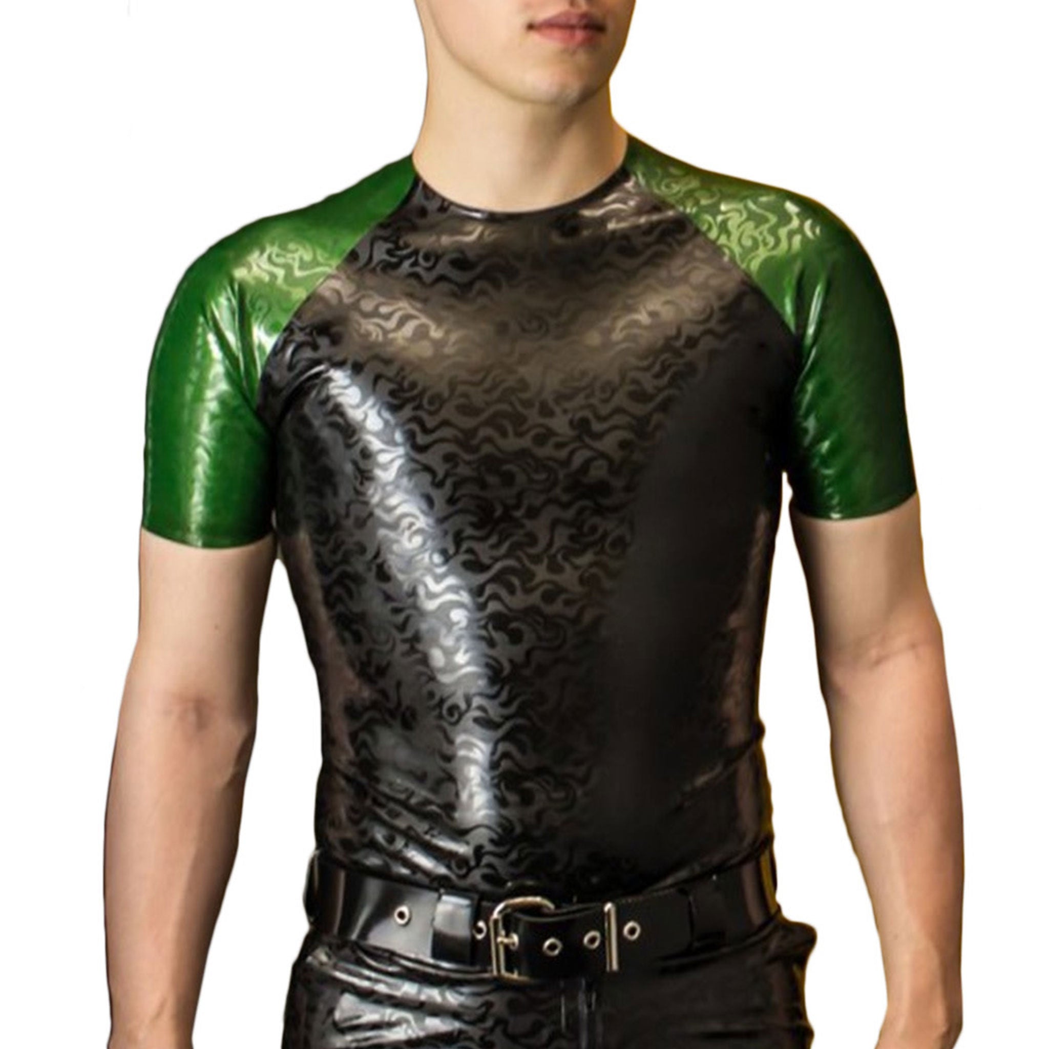 Latex rubber t-shirt shirt top flame fire textured raglan kinky black green