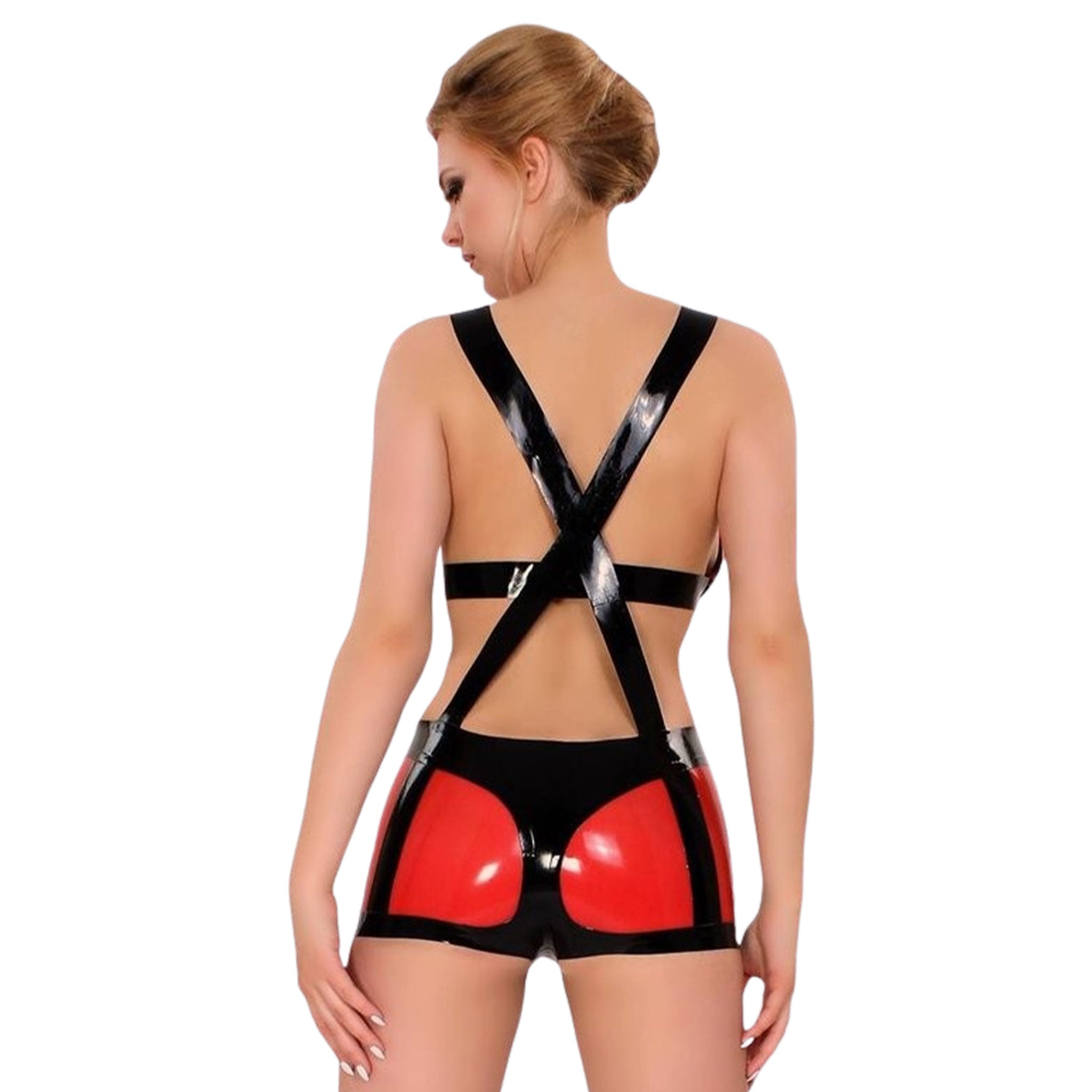 Latex rubber shorts bodysuit one-piece sleeveless x-back wide straps semi-transparent semitransparent semi transparent black trans-red